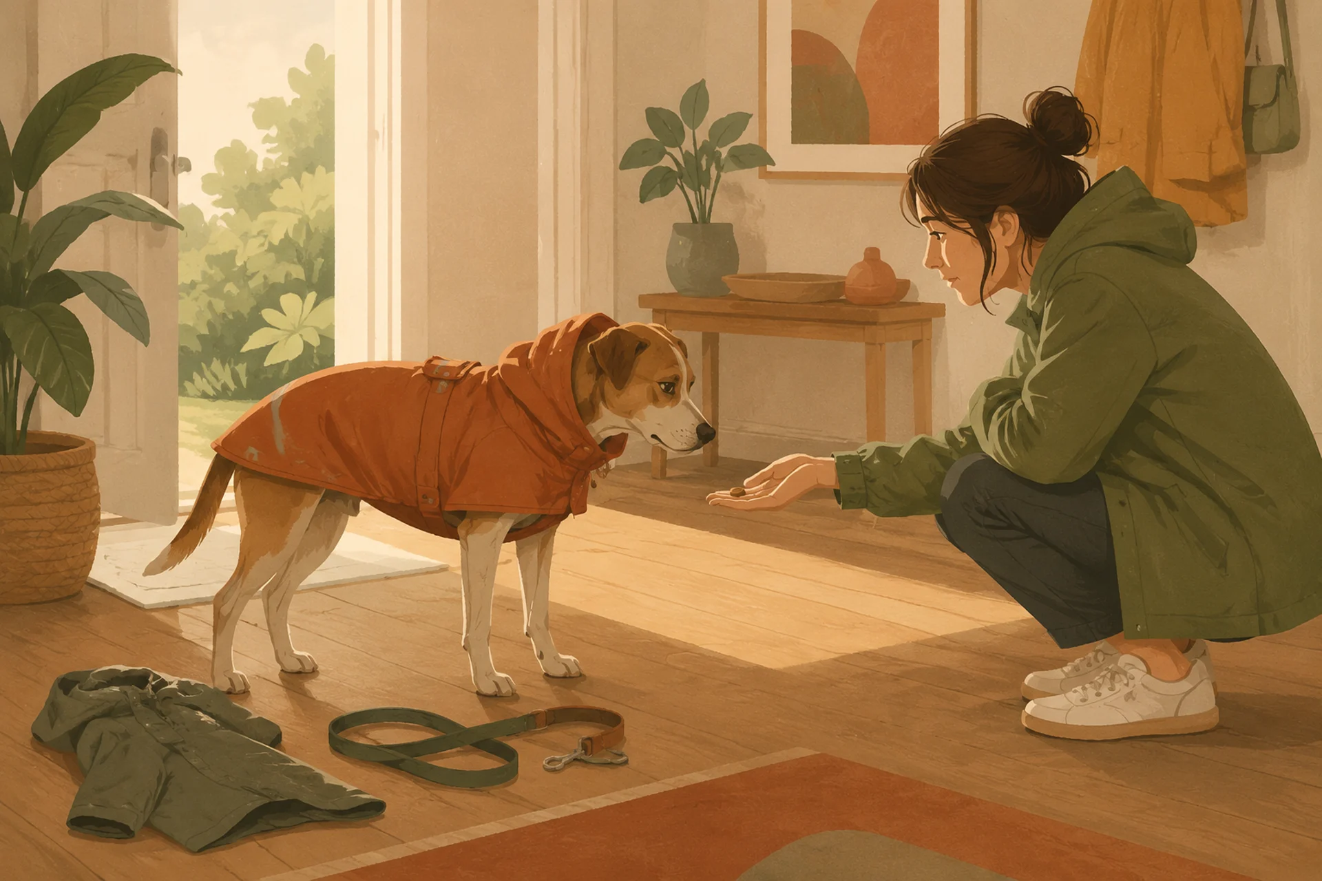Illustration of a short-haired dog standing frozen and stiff in a sunlit home hallway wearing a rust-coloured rain jacket for the first time, legs planted and body braced, while its owner crouches down an arm's length away at the dog's eye level holding out a treat on an open flat palm. A leash and a second unworn coat lie on the wooden floor in the foreground.