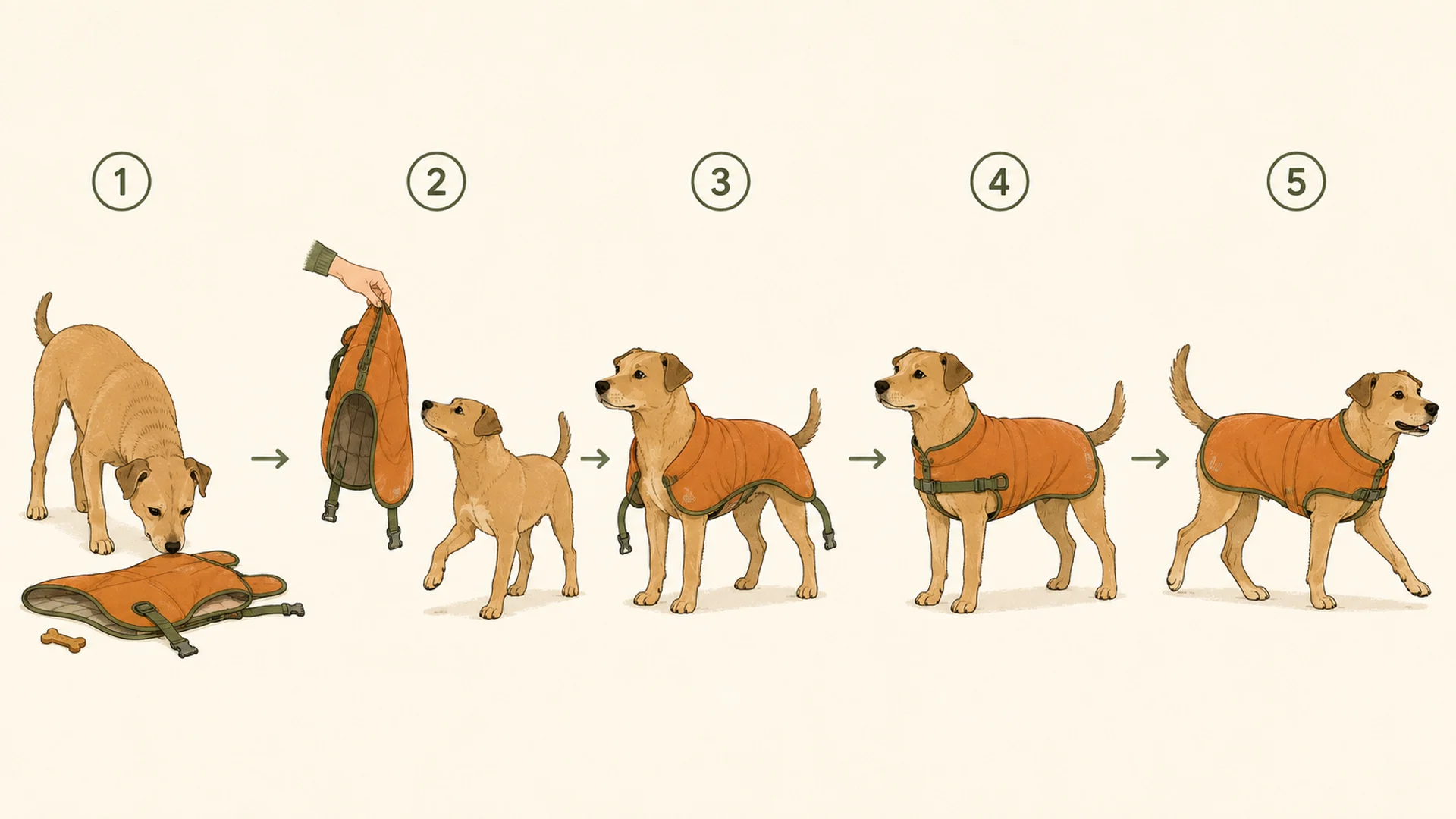 Five-stage diagram showing the same dog and the same coat. Stage one: the coat lying open on the floor with a treat beside it while the dog sniffs. Stage two: a hand holding the coat up as the dog steps toward it. Stage three: the coat draped loosely over the dog's back with straps unfastened. Stage four: the coat on with a single strap fastened. Stage five: the dog walking a few steps in the fully fastened coat. Circled numbers one to five mark the stages, with arrows between them.