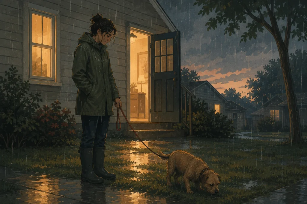 A person in a rain jacket and boots waits patiently on a wet lawn at dusk while a small scruffy terrier on a red leash sniffs the grass, deciding whether to go. The open back door of the house glows warm behind them and rain falls steadily.