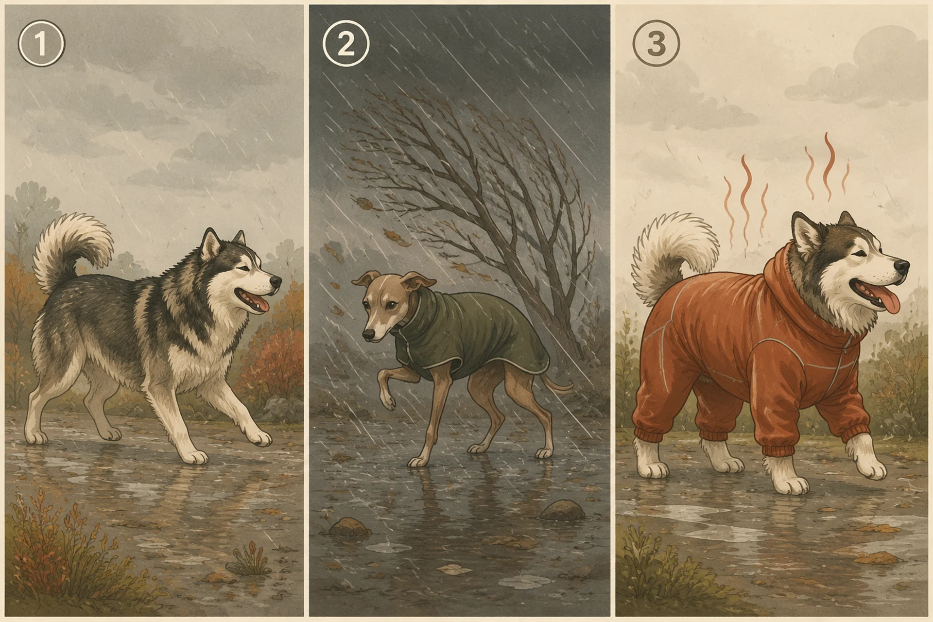 Three-panel illustration: a thick-coated northern breed trotting happily bare through light drizzle; a small short-haired dog hunched in cold driving rain wearing a simple back-covering rain layer; and a thick-coated dog panting in a full rain suit on a mild damp day with heat rising off it.