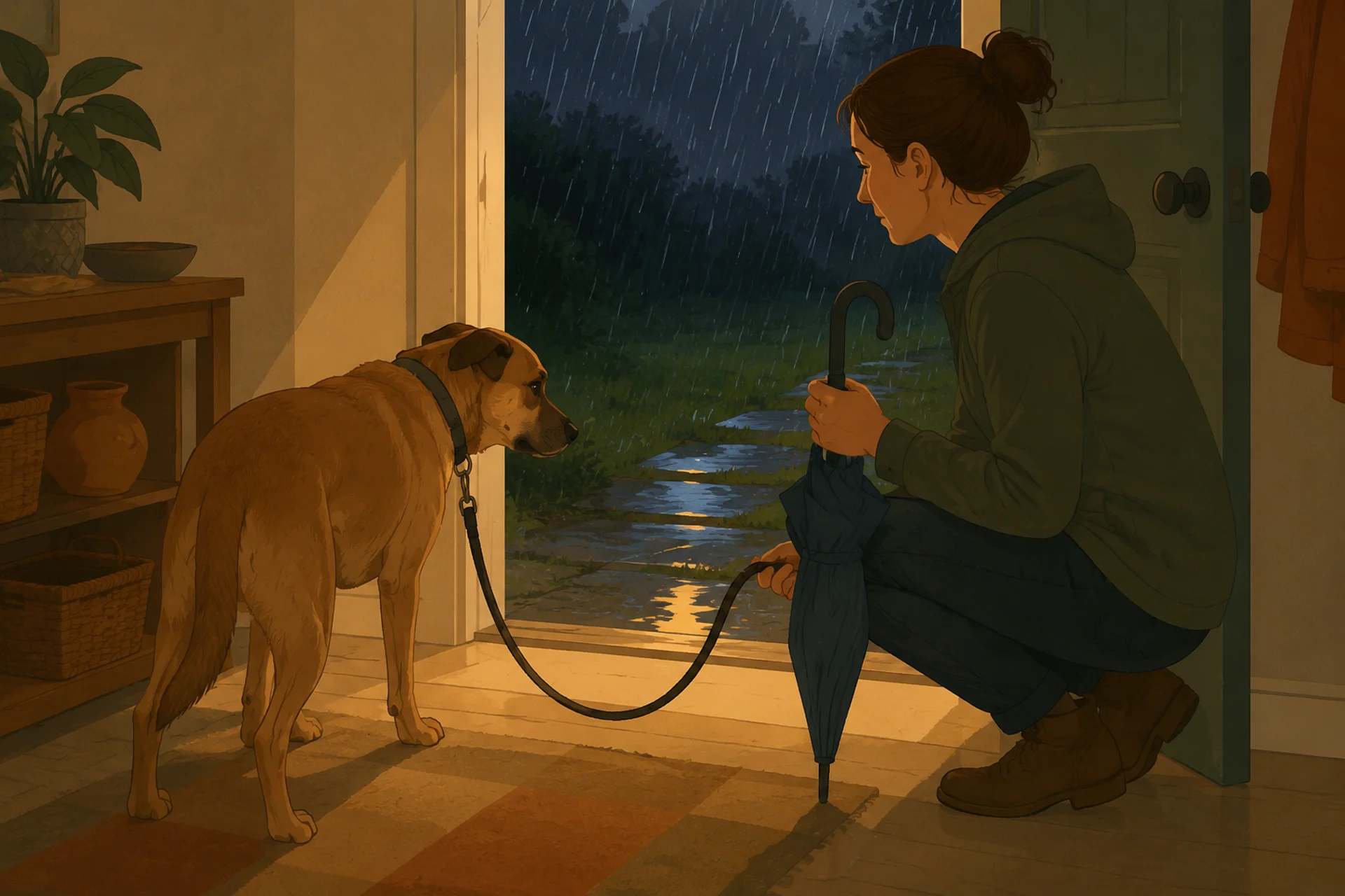 Illustration of an open back door at night, seen from inside a warmly lit hallway. A tan short-haired dog stands on the dry floor just short of the threshold, on a slack leash, looking out at rain falling on a dark lawn where puddles reflect the doorway light. A person in a hooded jacket crouches beside the dog holding the leash and a closed umbrella, waiting rather than pulling.