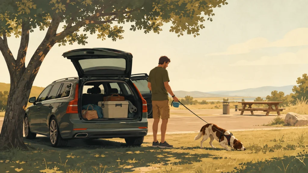 Flat editorial illustration of a highway rest area on a late-summer afternoon: an estate car parked in tree shade with the rear hatch open, a person beside it holding a collapsible water bowl, and a dog on a leash sniffing a strip of grass.