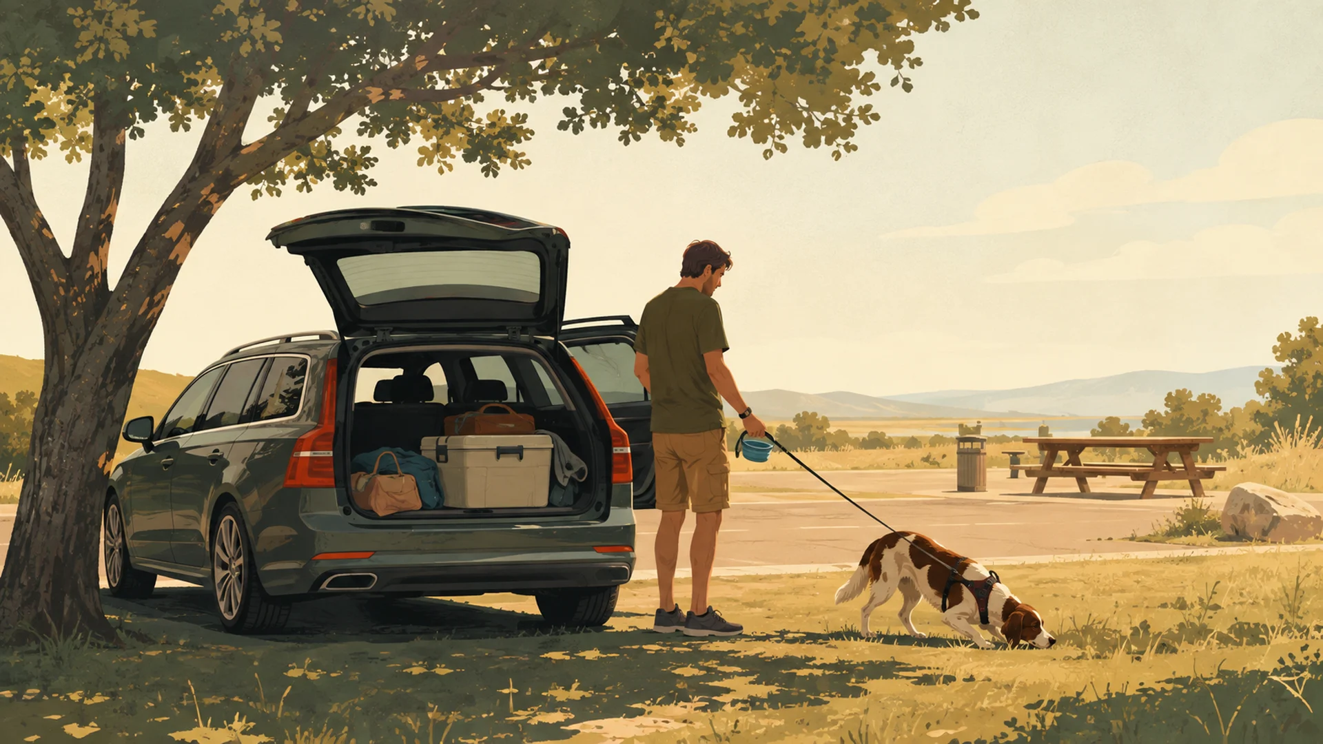 Flat editorial illustration of a highway rest area on a late-summer afternoon: an estate car parked in tree shade with the rear hatch open, a person beside it holding a collapsible water bowl, and a dog on a leash sniffing a strip of grass.