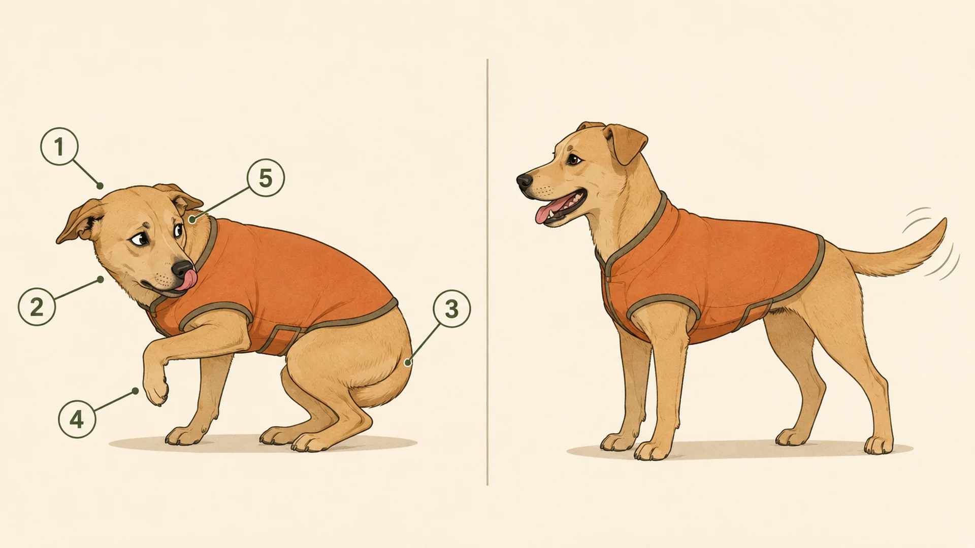 Two-panel diagram of the same tan dog in the same orange coat. The left panel shows a tense dog crouched low with its weight shifted back, ears flattened, tongue flicking out in a lip lick, hindquarters lowered and tail clamped, one front paw lifted off the ground and the whites of its eye showing as it looks sideways; circled numbers one to five point to each of those signs. The right panel shows the same dog relaxed, standing square on all four feet with neutral ears, a soft open mouth and a level, swinging tail.