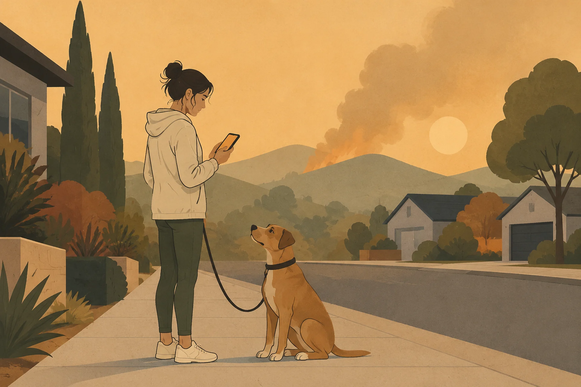 Illustration of a person standing on a suburban sidewalk at dawn holding a dog's leash and looking down at their phone, with the sky behind them washed flat amber and grey by distant wildfire smoke and the sun reduced to a pale disc.