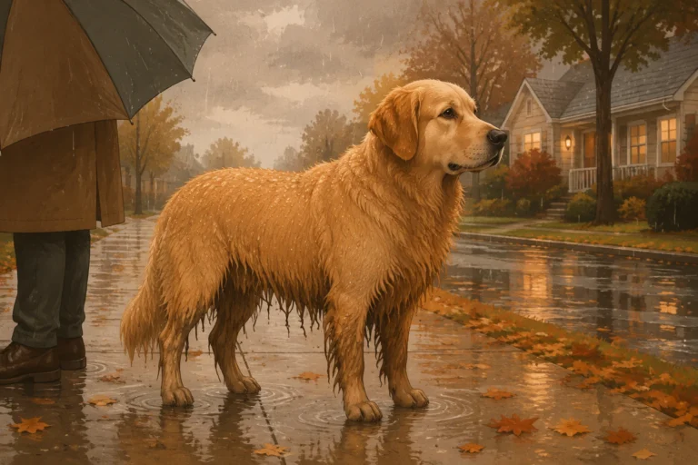 A soaked golden retriever standing calmly on a wet suburban sidewalk in steady rain, its long outer coat darkened and dripping while its owner waits under an umbrella at the edge of the frame.
