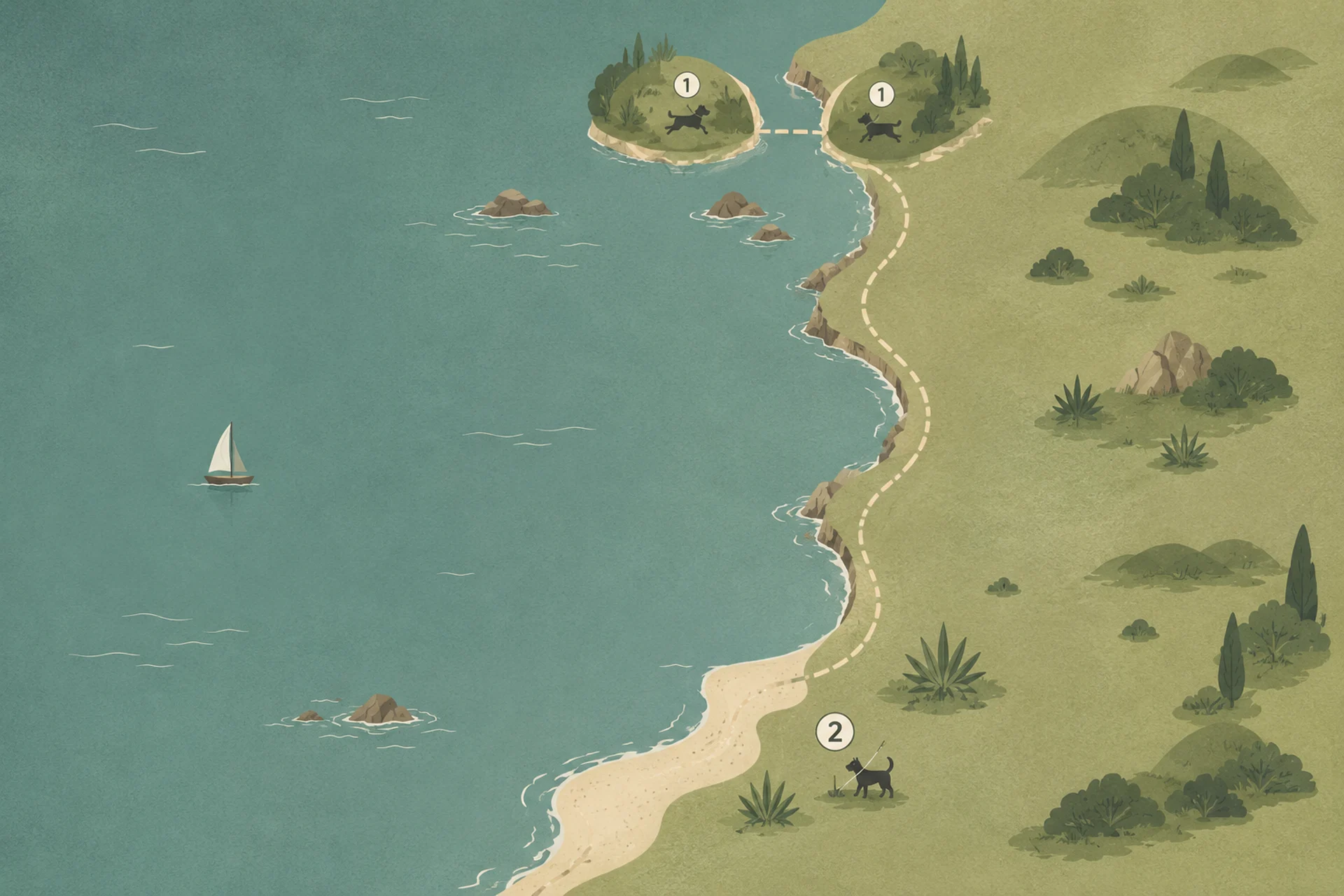 Simplified map of the East Bay shoreline from Richmond down to Alameda, marking Point Isabel and North Point Isabel across the Hoffman Channel as off-leash under voice control, the Bay Trail running between them, and Crown Memorial State Beach in Alameda marked as no dogs on the sand.