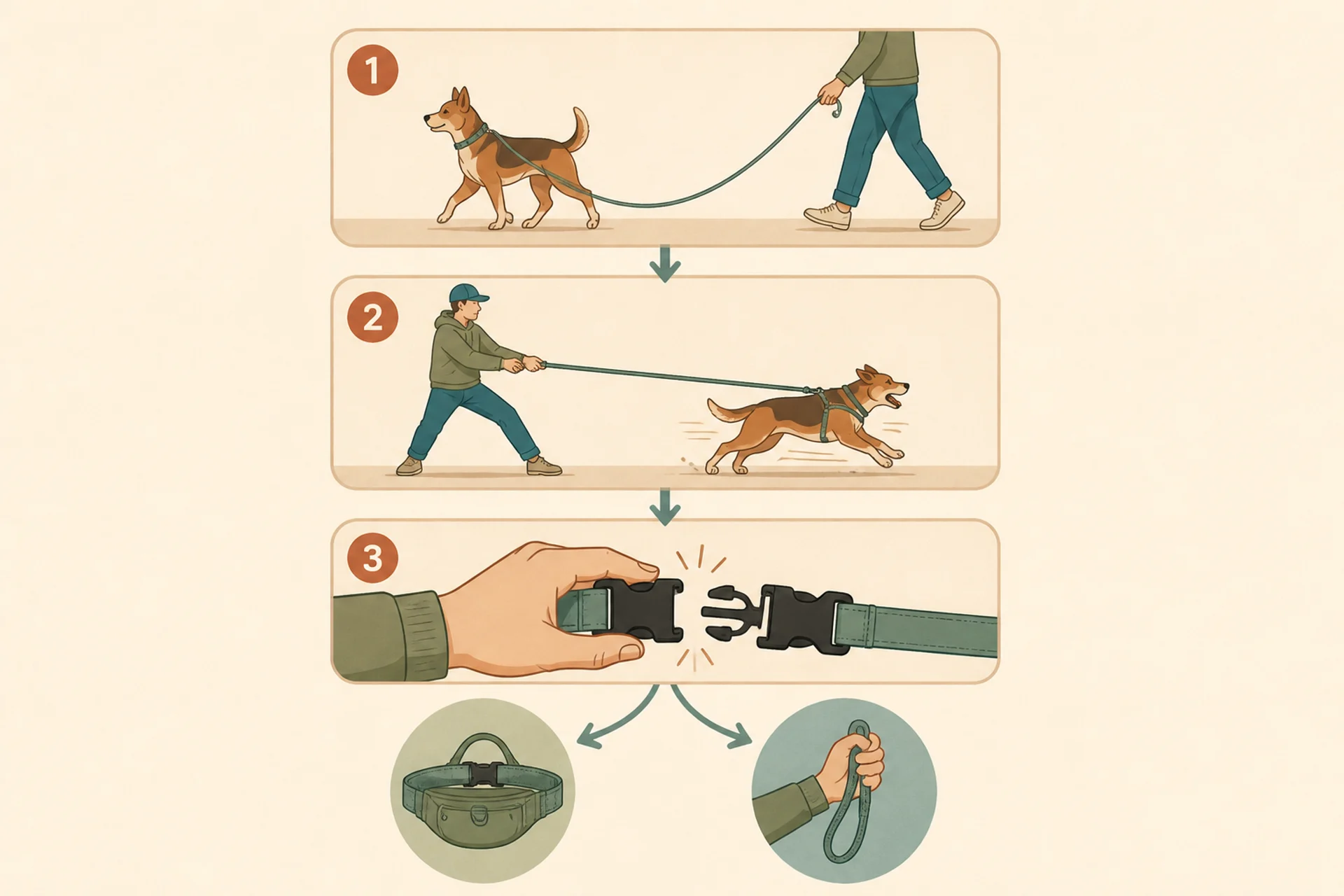 Decision diagram with three circled steps: step one asks whether the dog walks on a slack line, step two asks whether the walker can hold their ground against a sudden lunge, step three asks whether the buckle can be released with one hand. Paths lead either to a waist belt with a traffic handle or back to a hand-held leash.