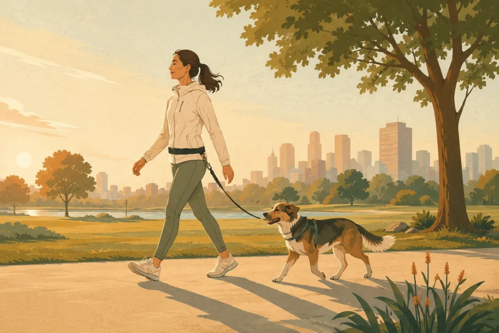 A person walks a medium-sized dog along a city park path at sunrise, the leash clipped to a wide belt worn low on their hips and both hands free at their sides.