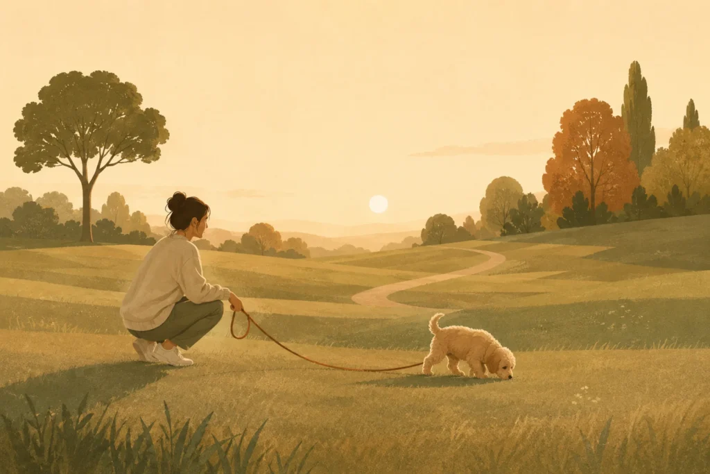 A person crouching low in a dawn-lit grassy meadow holding a slack leash while a small fluffy puppy explores the grass nose-down a short distance away, with a dirt footpath curving into the distance.