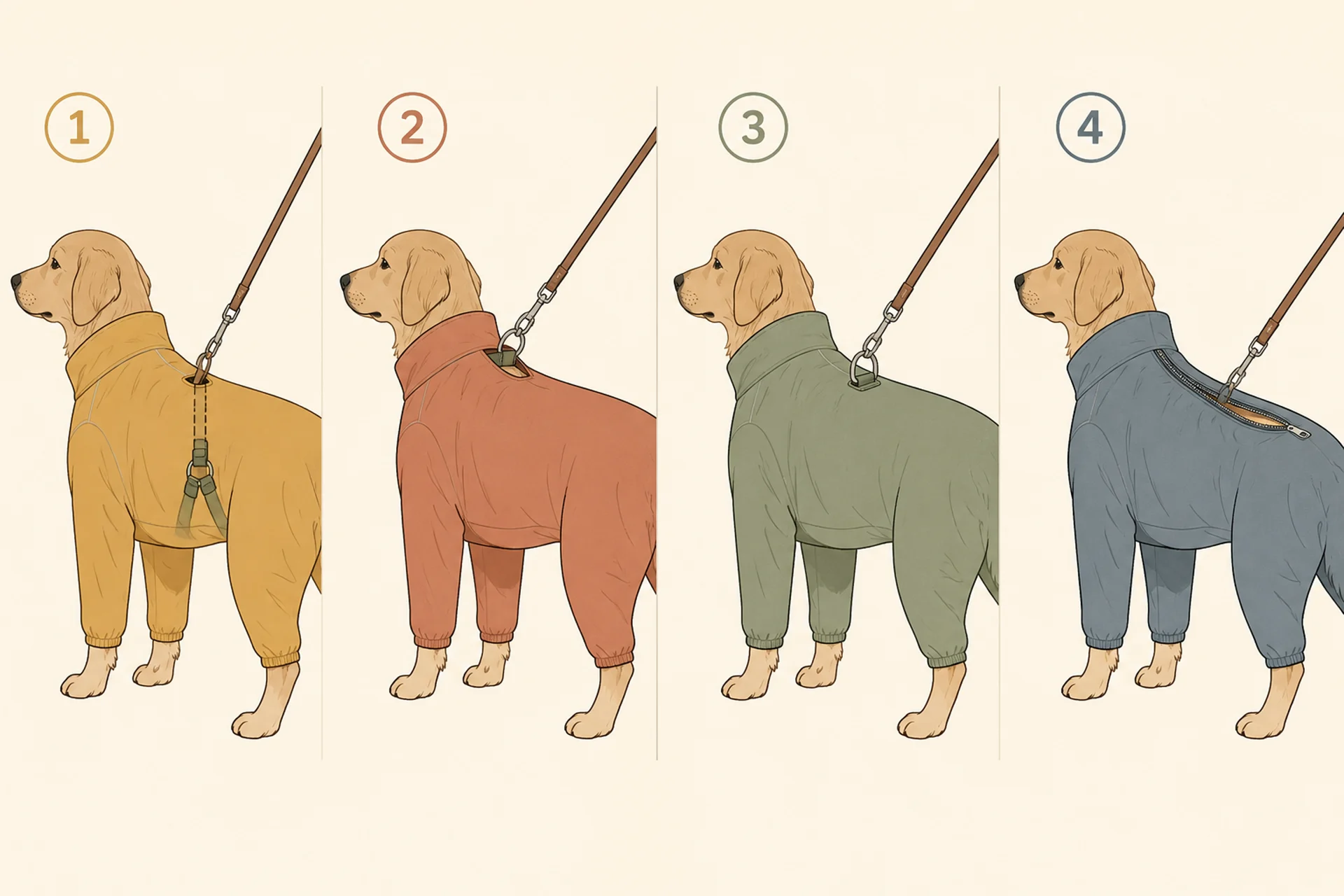 Four-panel diagram comparing leash access on a dog rain suit: one, a slit in the mid back panel with the leash reaching a harness ring underneath; two, an opening at the base of the stand-up collar reaching a collar underneath; three, a metal D-ring on the outside of the coat with the leash clipped straight to it; four, a spine zipper opened part way with the leash emerging through the gap.