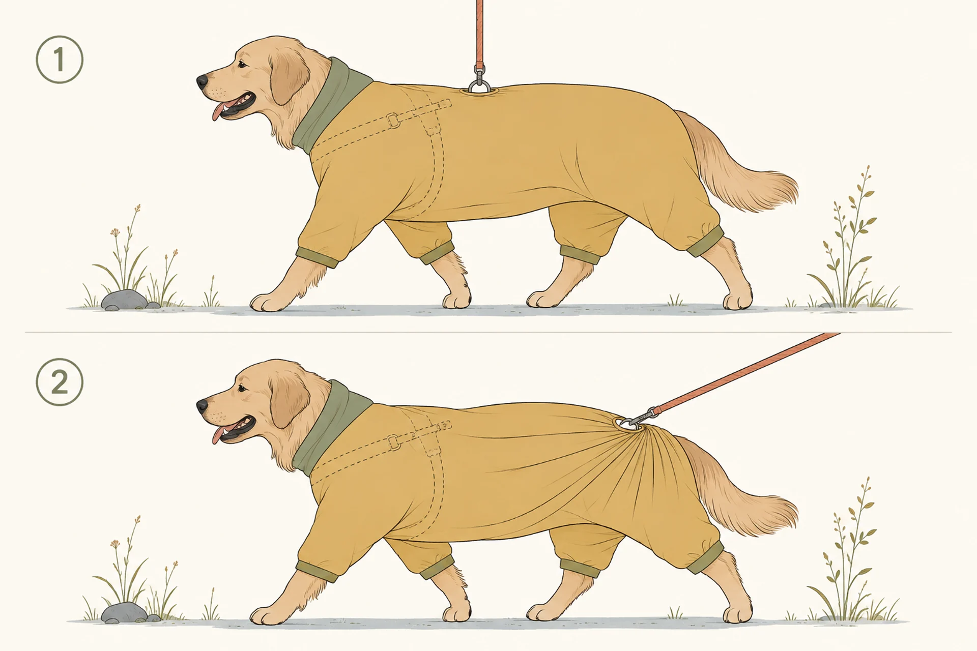 Two-panel diagram of leash port alignment on a large dog: in the upper case the coat's back opening sits directly above the harness ring at the shoulder blades and the leash rises straight up with the fabric lying flat; in the lower case the opening sits back toward the hips while the ring stays at the shoulders, so the leash pulls diagonally and the coat bunches into strain lines.