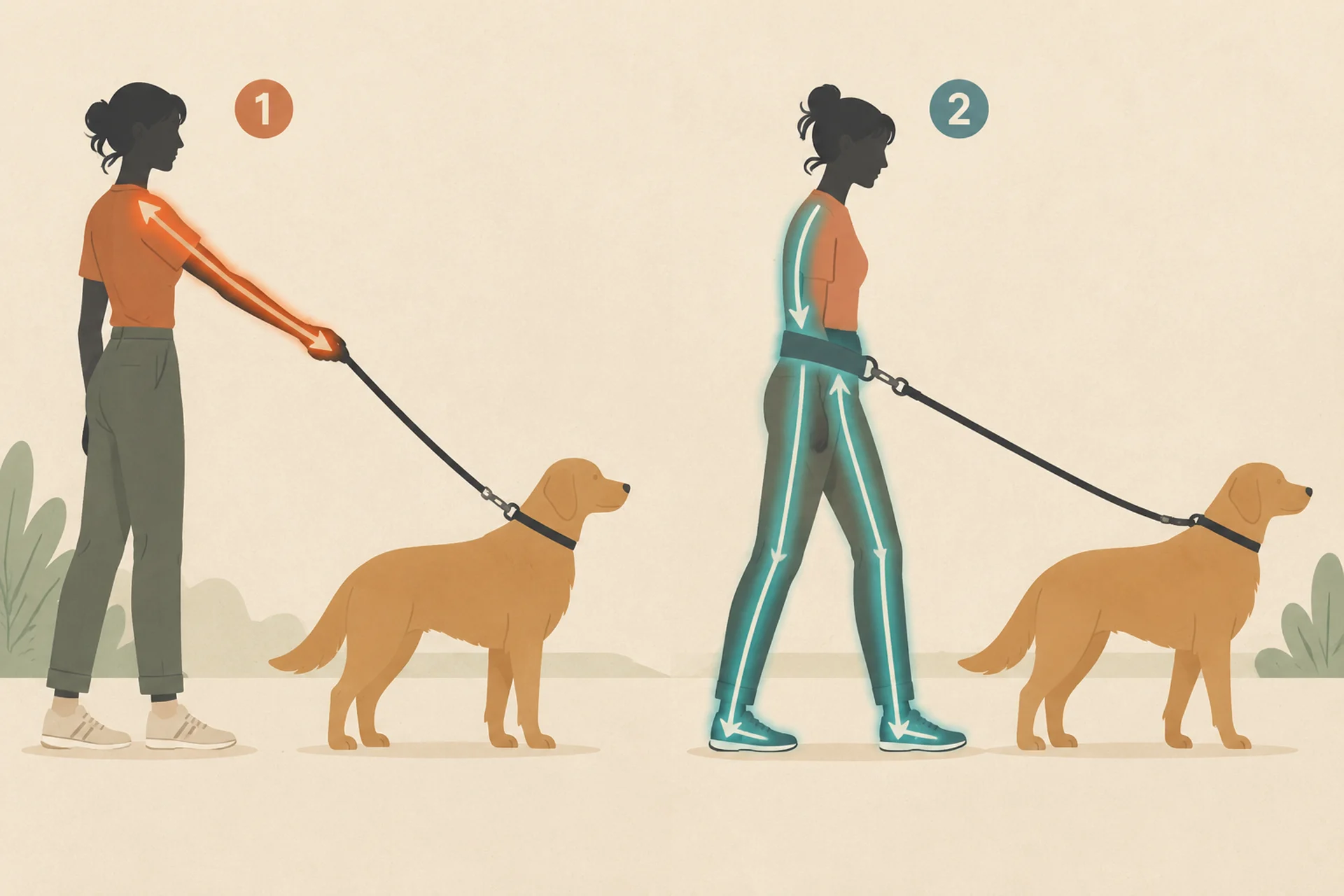 Side-view diagram comparing where a dog's pull travels through a walker's body. On the left, a hand-held leash: the force stops at the fingers and wrist, with the arm extended. On the right, a waist-worn hands-free leash: the force runs from the hips through the spine to the feet, tipping the walker forward from the pelvis.
