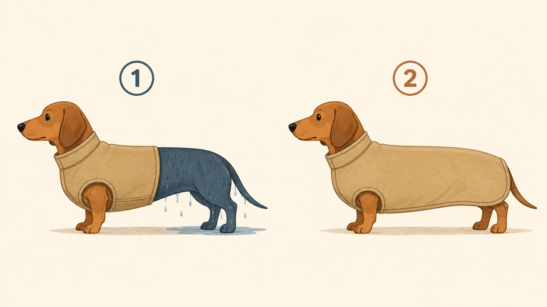 Side-by-side diagram of two identical long-bodied short-legged dog silhouettes. The left dog wears a short standard-cut coat that fits the chest but stops halfway along the back, with the rear half shaded dark to show it is wet. The right dog wears a long-cut coat covering the full back to the base of the tail and wrapping down the flanks, shown dry throughout.