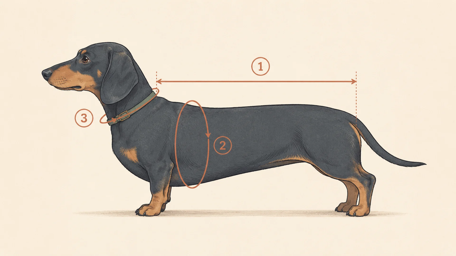 Measuring diagram showing one long-bodied short-legged dog in side profile with three terracotta measurement indicators: an arrow along the top of the spine from the base of the neck to the base of the tail, a loop around the deepest part of the ribcage just behind the front legs, and a smaller loop around the base of the neck.