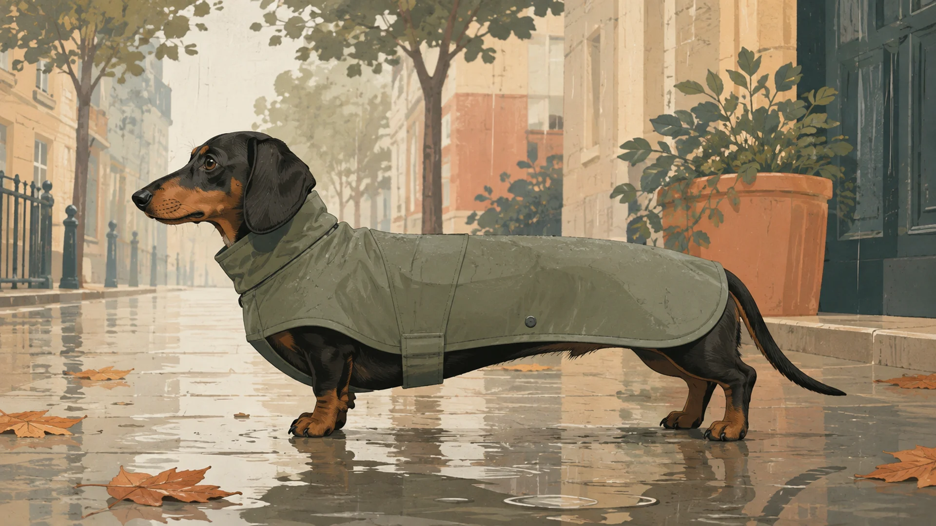 Flat editorial illustration of a long-bodied, short-legged dachshund-type dog standing in profile on a wet city sidewalk in light rain, wearing a long-cut rain coat that runs the full length of its back from collar to tail base and wraps down over the flanks.