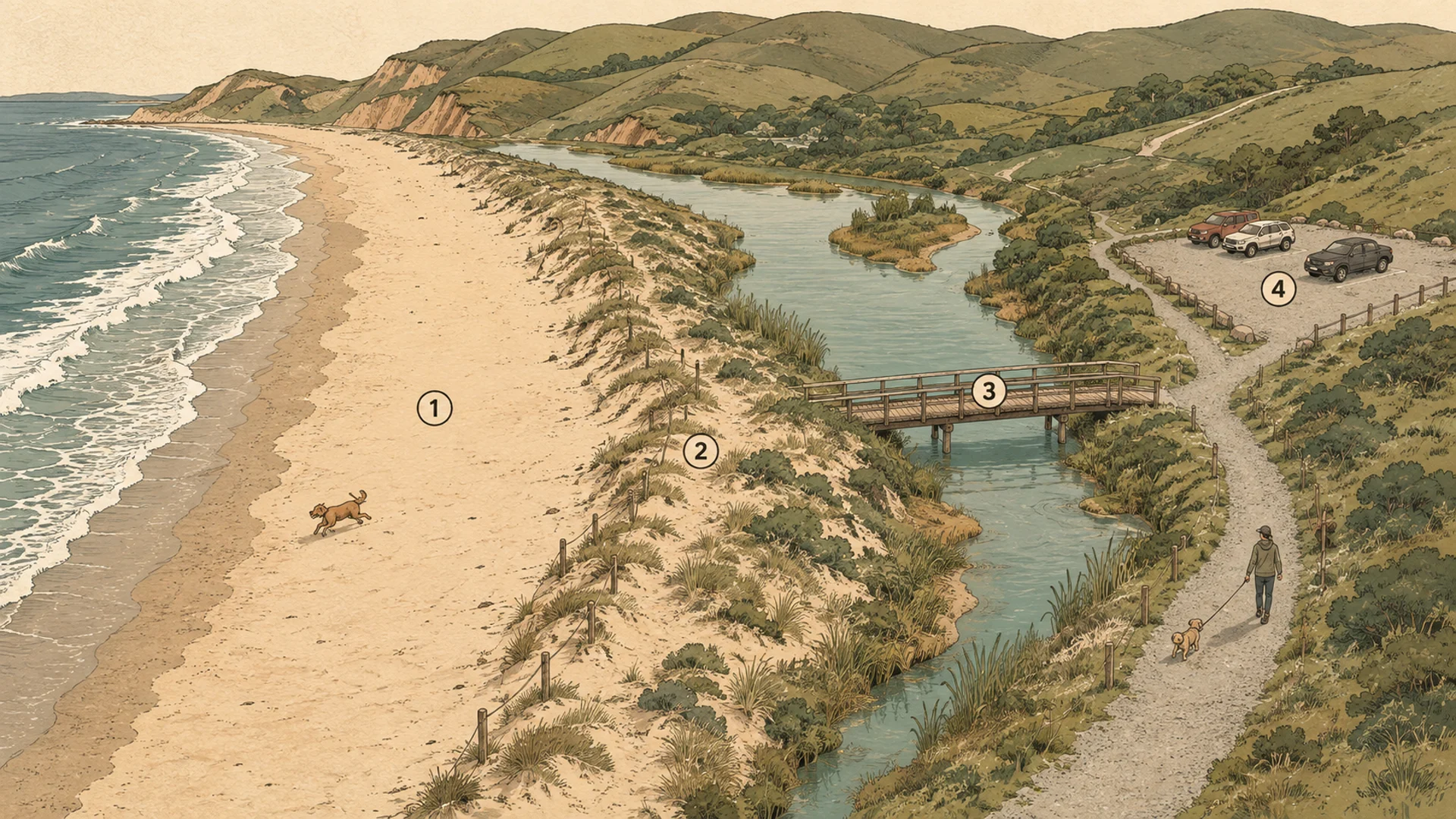 Schematic bird's-eye map of Muir Beach showing the leash zones: the Pacific surf and wet sand at the left, the open sand beach face where a dog runs off leash, the vegetated dune ridge behind it, the lagoon and creek mouth with a wooden footbridge, the access path inland, and the small parking lot at the right where a dog is walked on a leash.