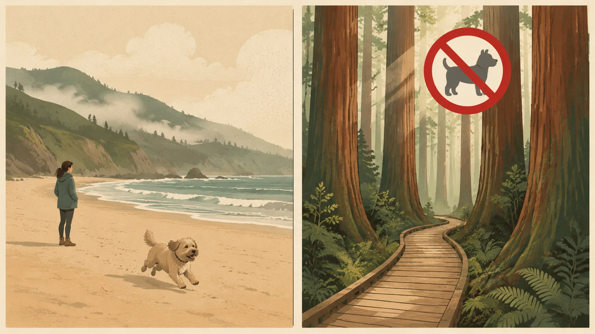 Two-panel comparison illustration: on the left a foggy Pacific beach below green headlands where a small dog runs free on the open sand, and on the right the interior of a redwood grove with a raised boardwalk trail, empty of dogs, marked with a red circle-and-slash prohibition symbol over a dog silhouette.