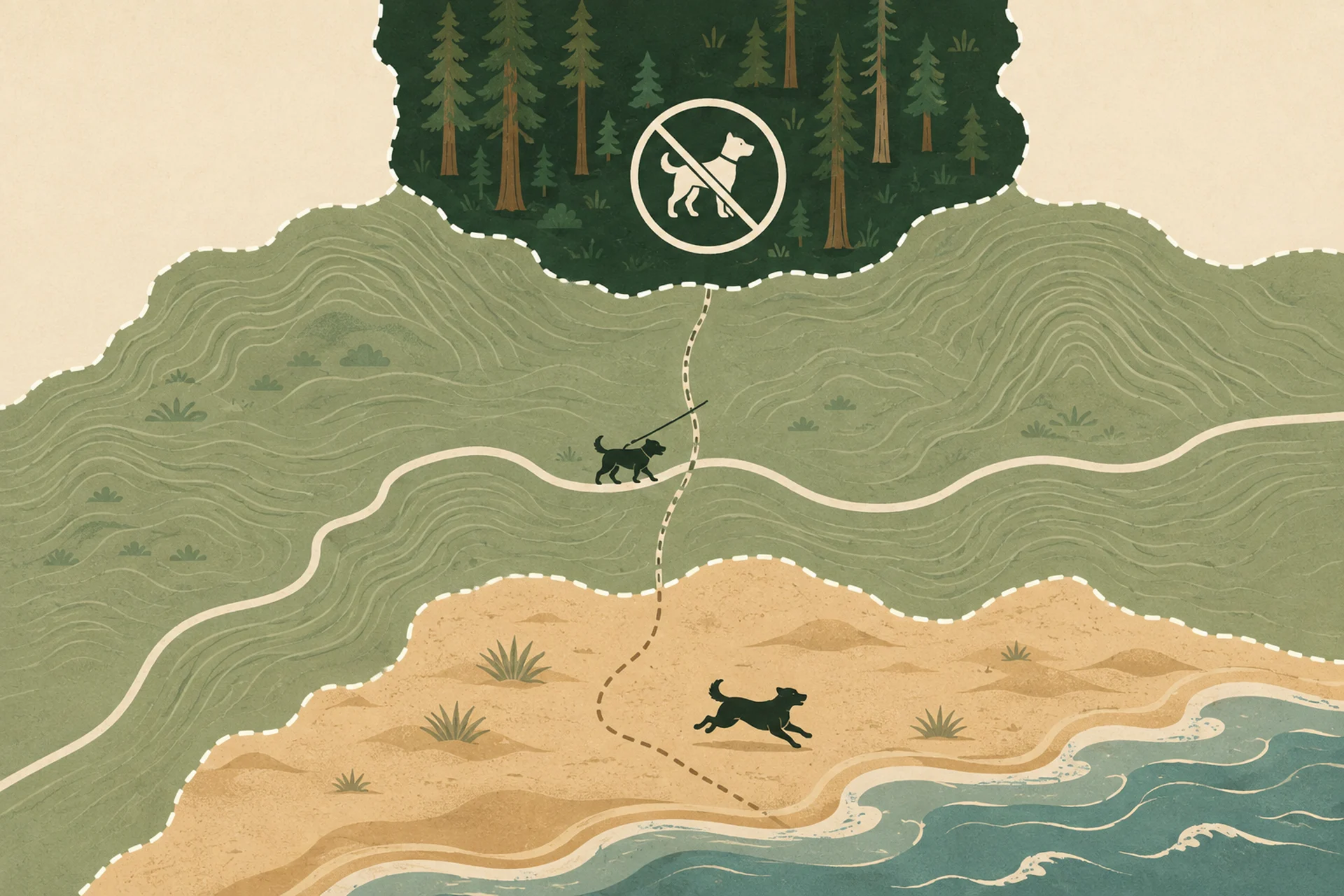 A simplified boundary map of the Muir Woods area showing three shaded zones meeting: a small dark grove labelled national monument with a no-dogs symbol, a large ridge zone labelled state park with a leashed-dog symbol confined to a thin paved line, and a coastal zone labelled national recreation area with an off-leash dog symbol on the beach, with a dashed road connecting all three.