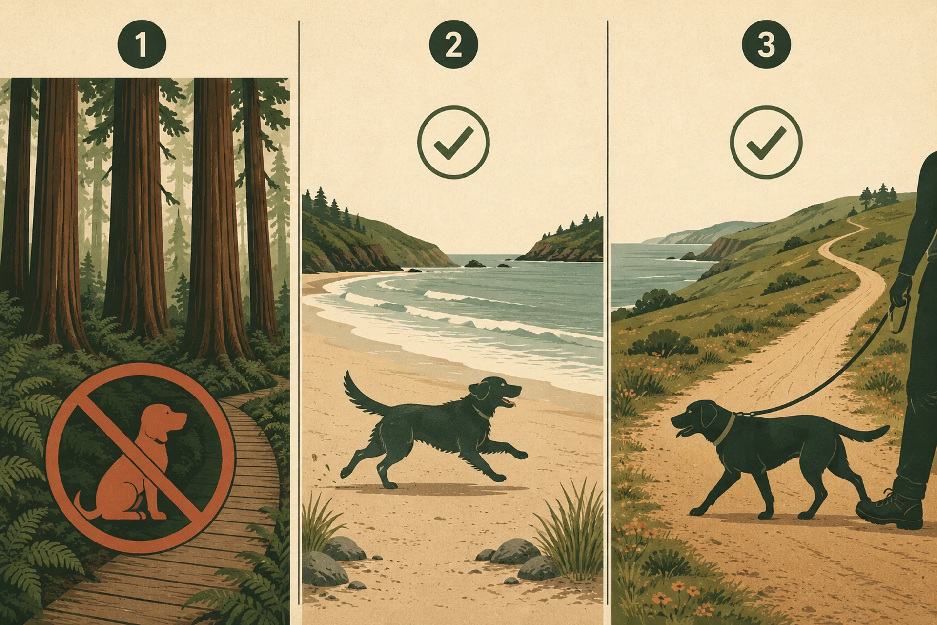 Three panels: a redwood grove boardwalk with a dog silhouette inside a no-dogs circle-slash, a crescent coastal beach with a dog running loose on the sand under a tick mark, and an open coastal fire road where a dog walks on a taut leash beside a person under a tick mark.