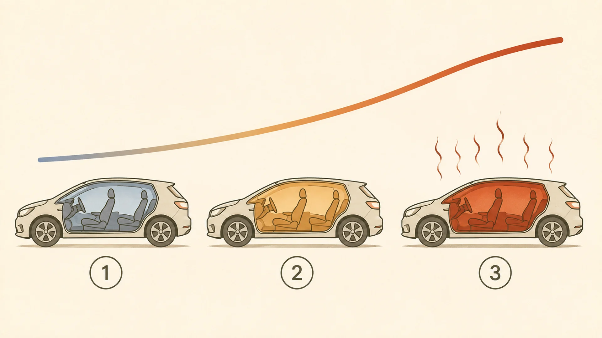 Diagram of three identical cutaway side-view cars in a row showing the cabin interior filling with progressively hotter colour from pale blue-grey to amber to deep red with heat shimmer, under a rising curve.