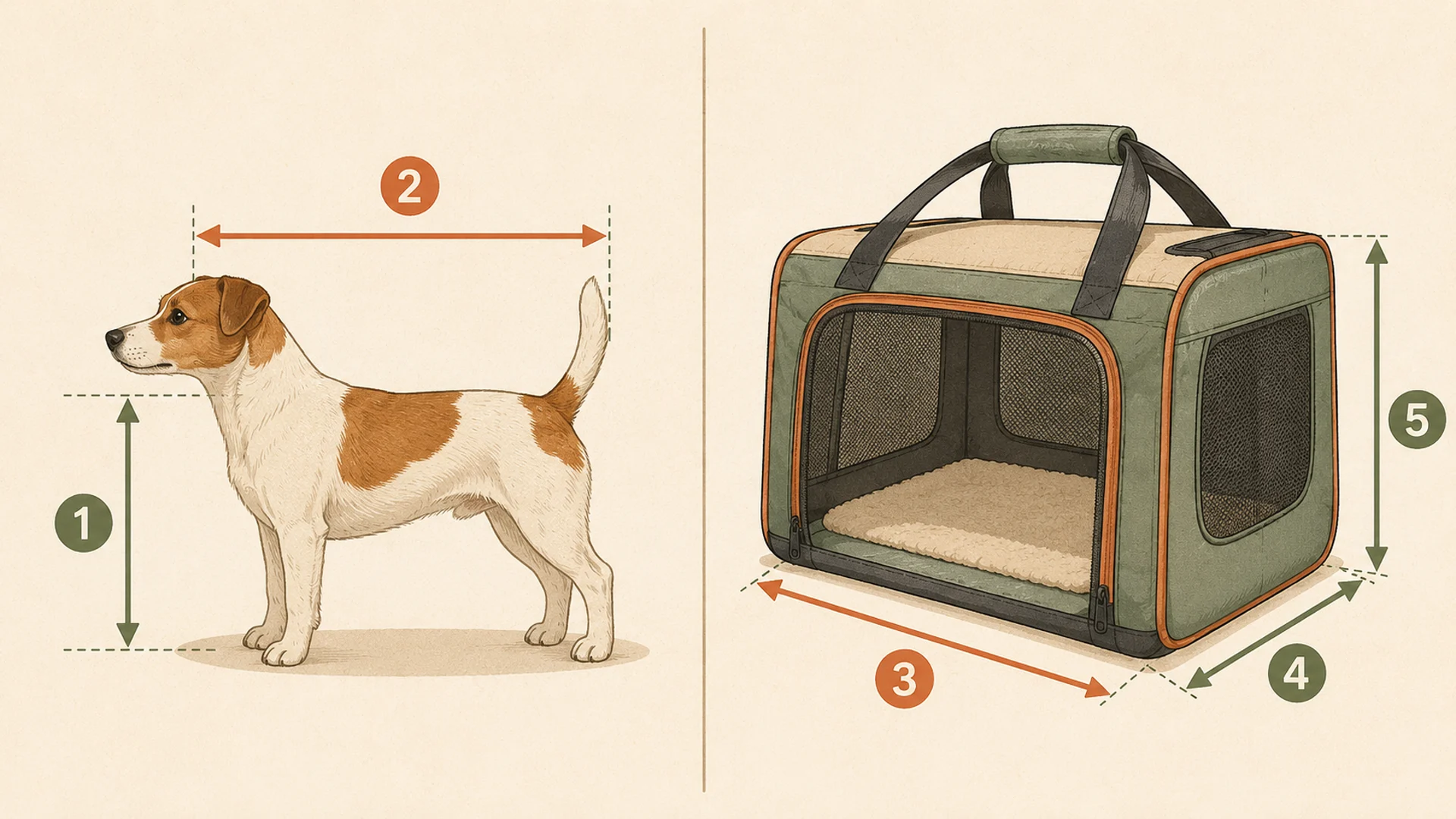 Two-panel diagram. On the left, a dog standing in profile with a vertical arrow marking height at the shoulder and a horizontal arrow marking length from the nose to the base of the tail. On the right, an empty soft-sided fabric carrier in three-quarter view with arrows along its base and side marking length, width and height. Circled numbers one to five label the five measurements.