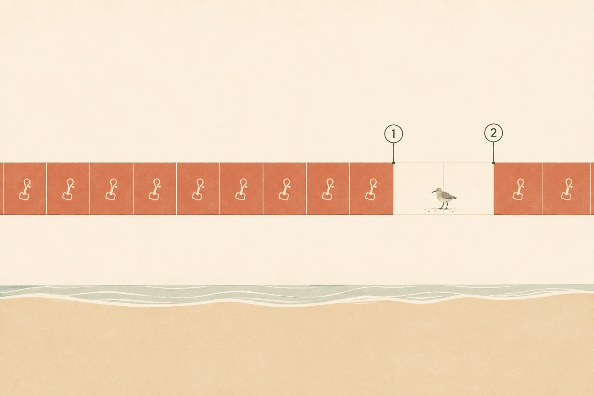 Twelve-month calendar band showing the snowy plover leash requirement at Crissy Field and Ocean Beach: a long shaded stretch from July 1 through May 15 marked leash only, and a short open gap from May 16 to June 30 marked voice control allowed.