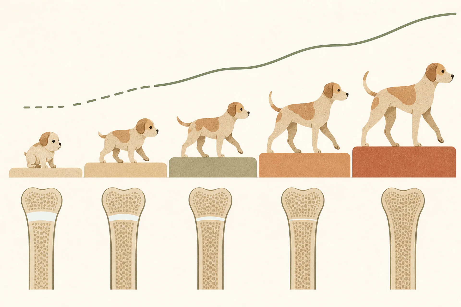 An age ladder from two months to eighteen months showing a puppy growing larger at each rung, with a soft growth plate marked near the end of a long bone shrinking and finally sealing at the top rung, and beside each rung a lengthening walk line that starts as a short dashed segment and becomes a continuous path.