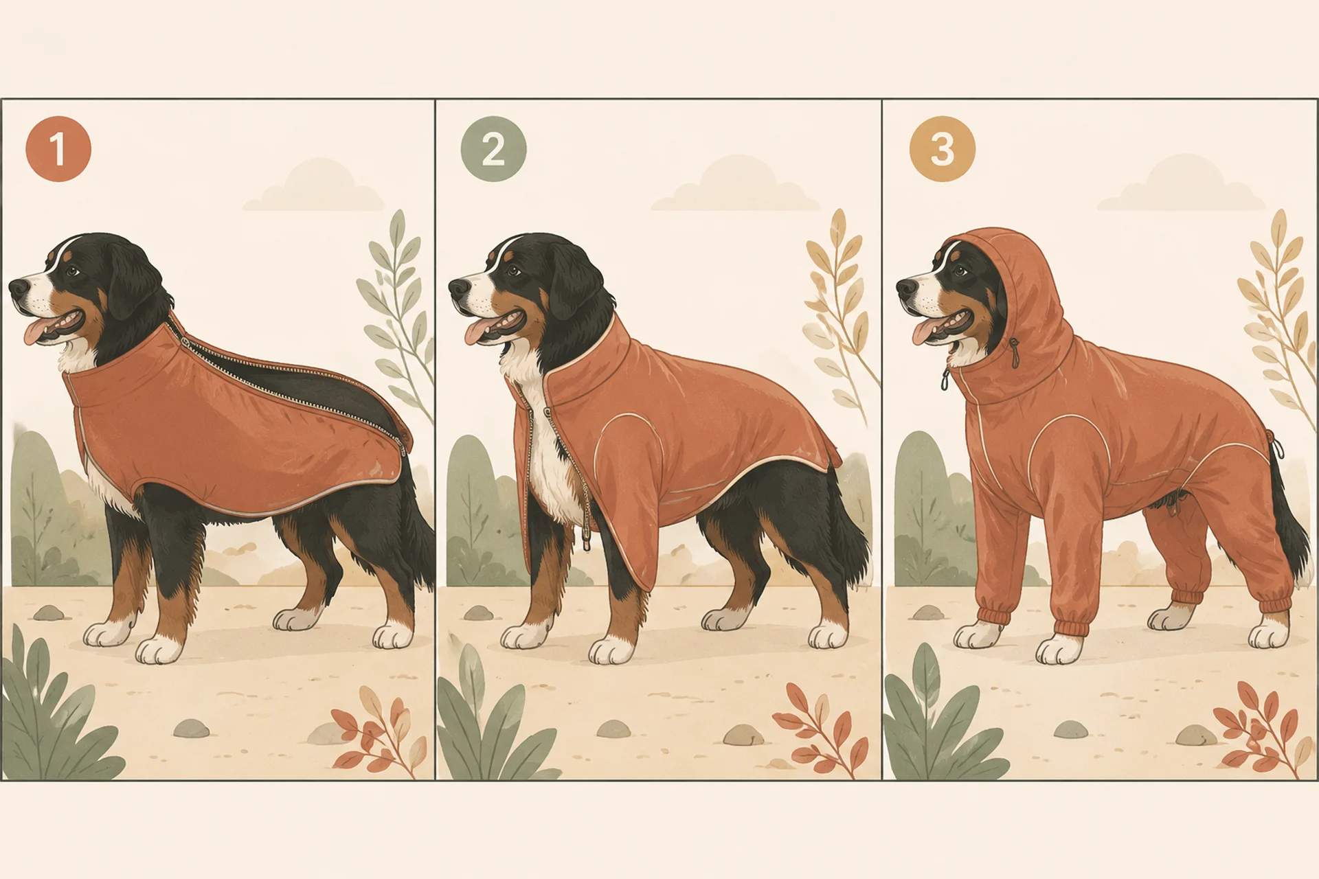 Three side-by-side illustrations of a large dog in rain gear: a back-zip shell with the zipper open along the spine, a front-zip shell with the zipper open down the chest, and a hooded full-body suit covering all four legs.