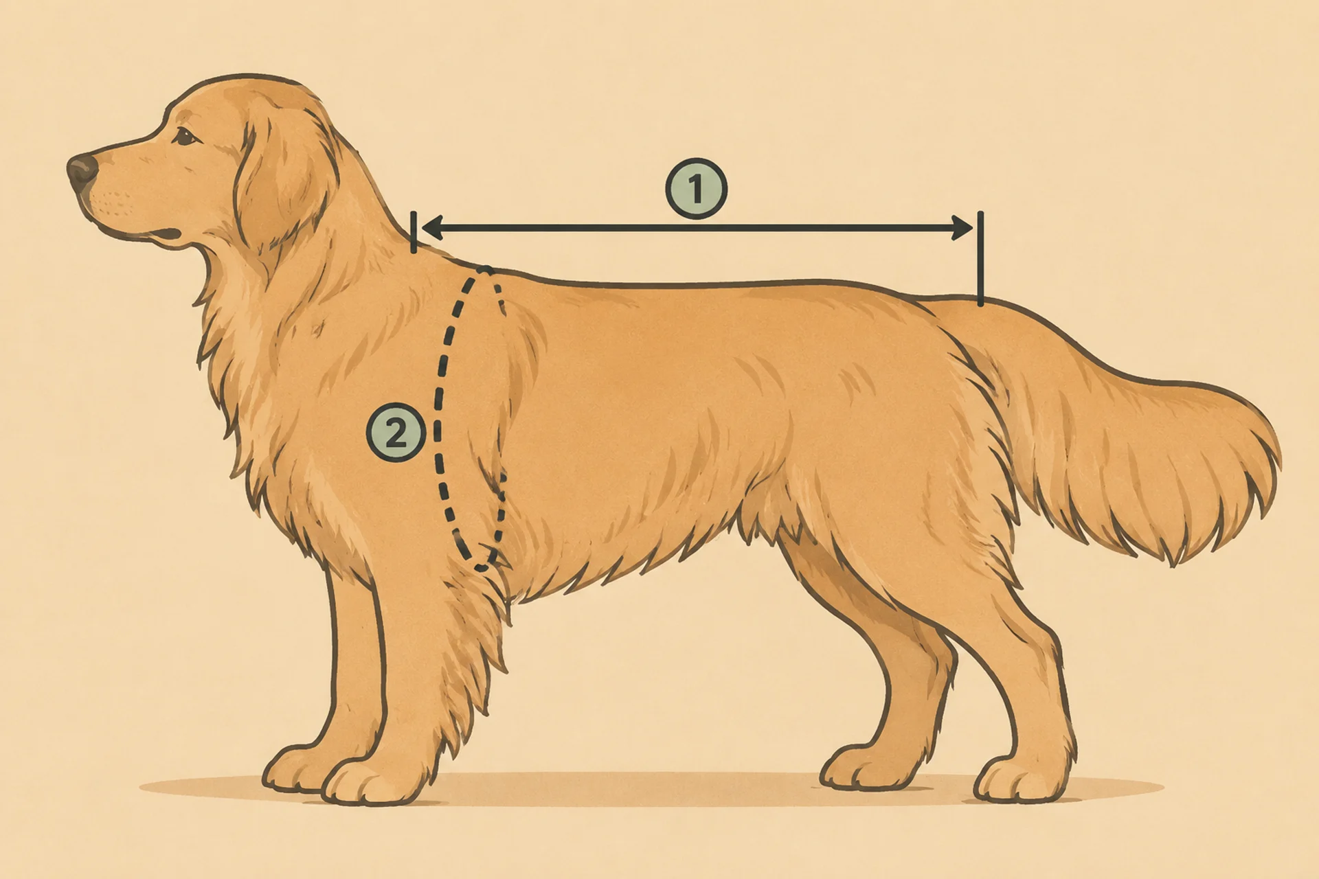 Side-view diagram of a large long-coated dog with two measurement guides drawn over it: a double-headed arrow along the top of the back from the base of the neck to the base of the tail, and a dashed loop around the deepest part of the chest just behind the front legs.