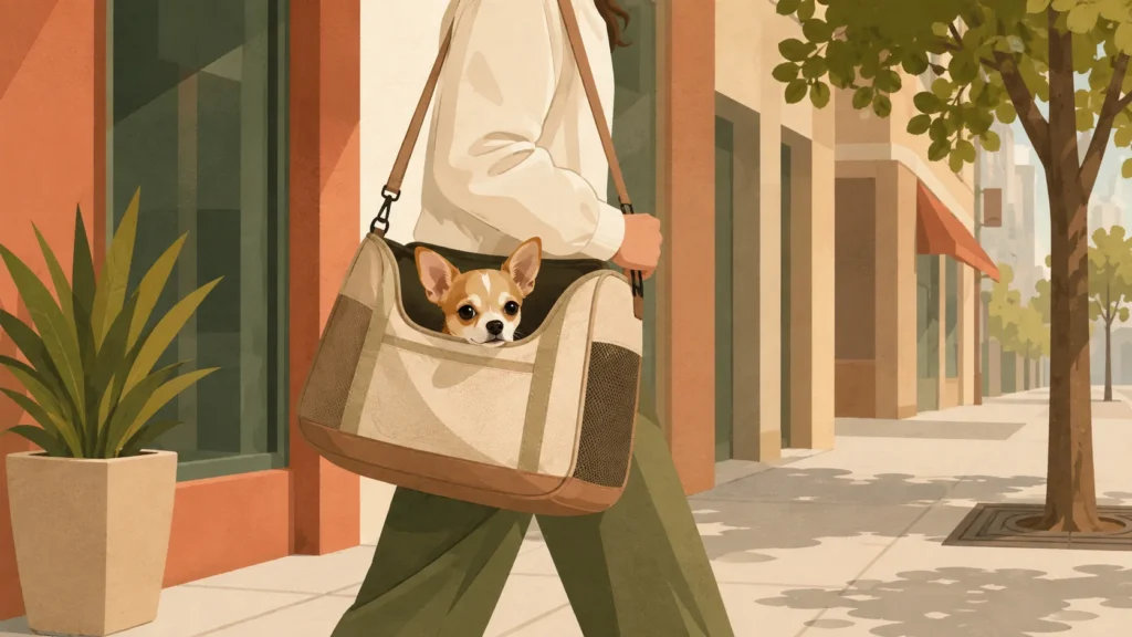 Editorial illustration of a small chihuahua peeking out of a soft-sided pet carrier tote carried at the hip along a city sidewalk.