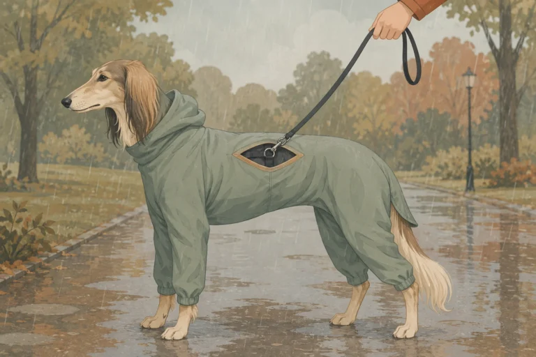 Illustration of a large dog on a wet park path in a full four-leg rain suit, with the walker's leash passing down through a reinforced slit opening in the middle of the coat's back panel and clipping to the metal ring of a harness worn underneath the coat.