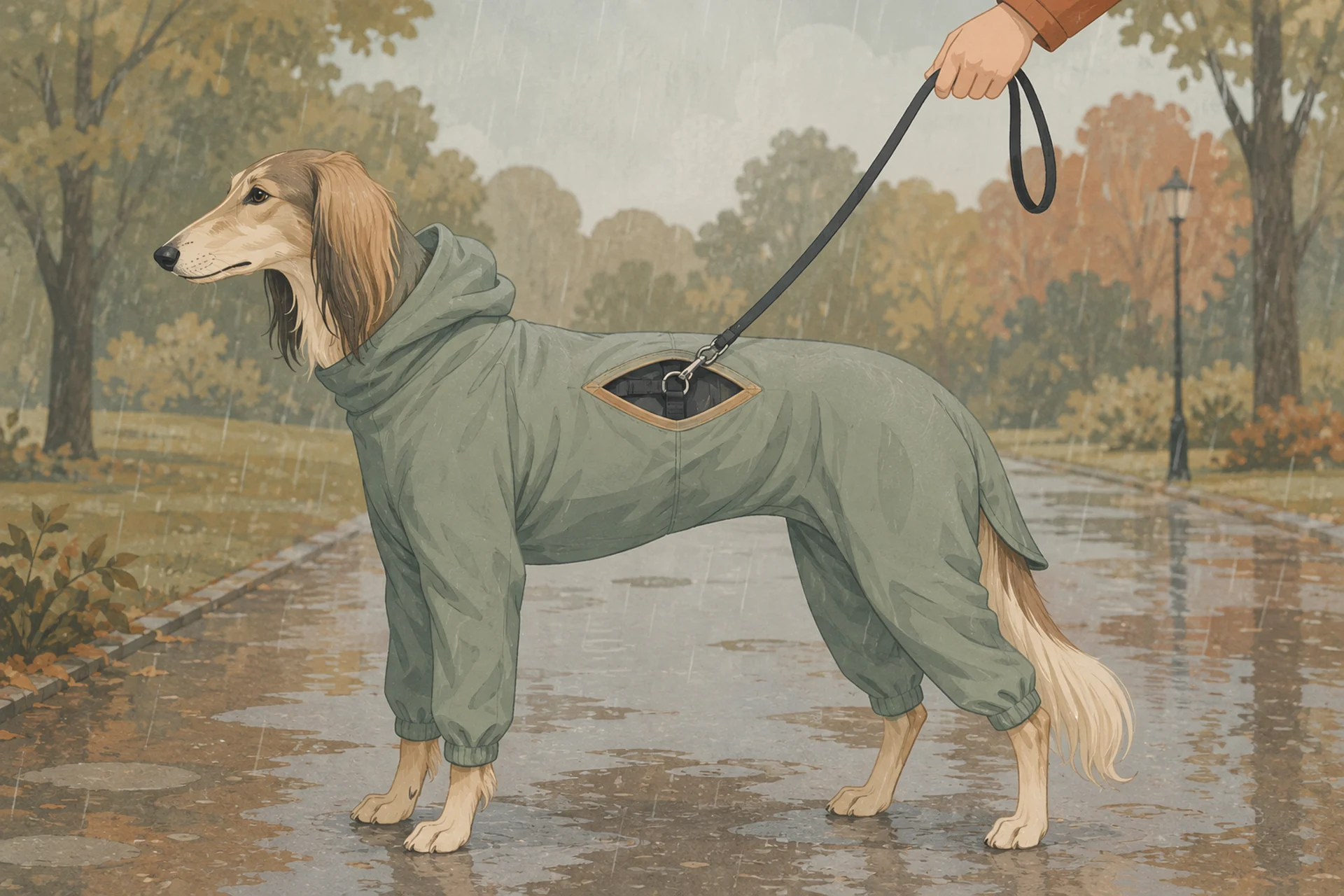 Illustration of a large dog on a wet park path in a full four-leg rain suit, with the walker's leash passing down through a reinforced slit opening in the middle of the coat's back panel and clipping to the metal ring of a harness worn underneath the coat.