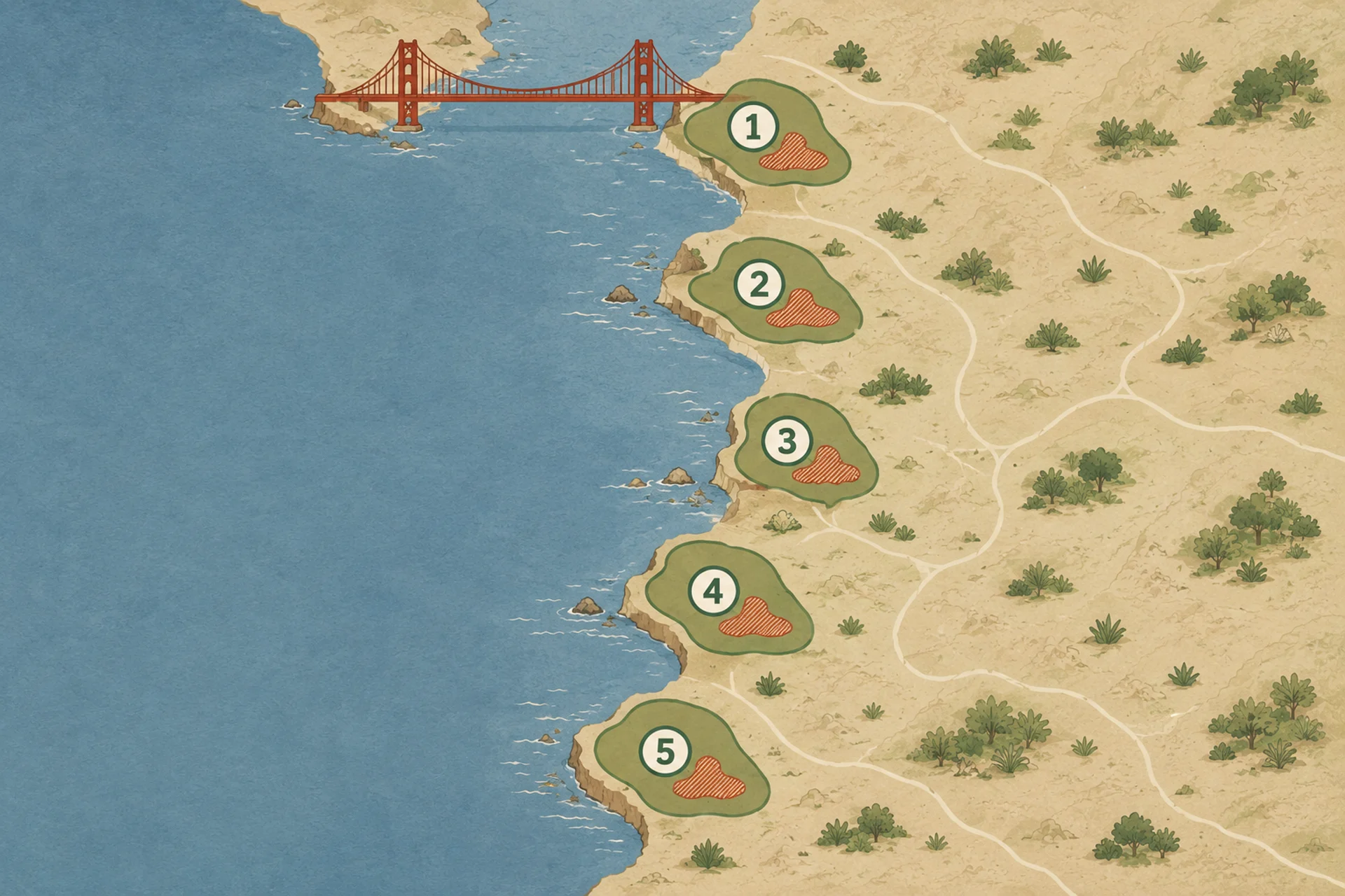 Schematic illustration, not a positionally accurate map. A stylised coastline with a red suspension bridge at the top. Five separate green coastal zones are numbered 1 to 5 in circled badges, and each green zone contains a smaller patch of diagonal orange hatching, showing that every voice-control area has an excluded pocket inside it.