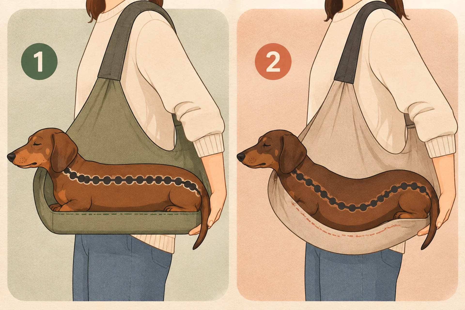 Two-panel diagram of a long-bodied short-legged dog in a shoulder sling: on the left the sling has a firm flat base and the dog's spine forms a straight horizontal line; on the right the sling is a slack hammock and the dog's spine curves into a deep U-shaped sag.