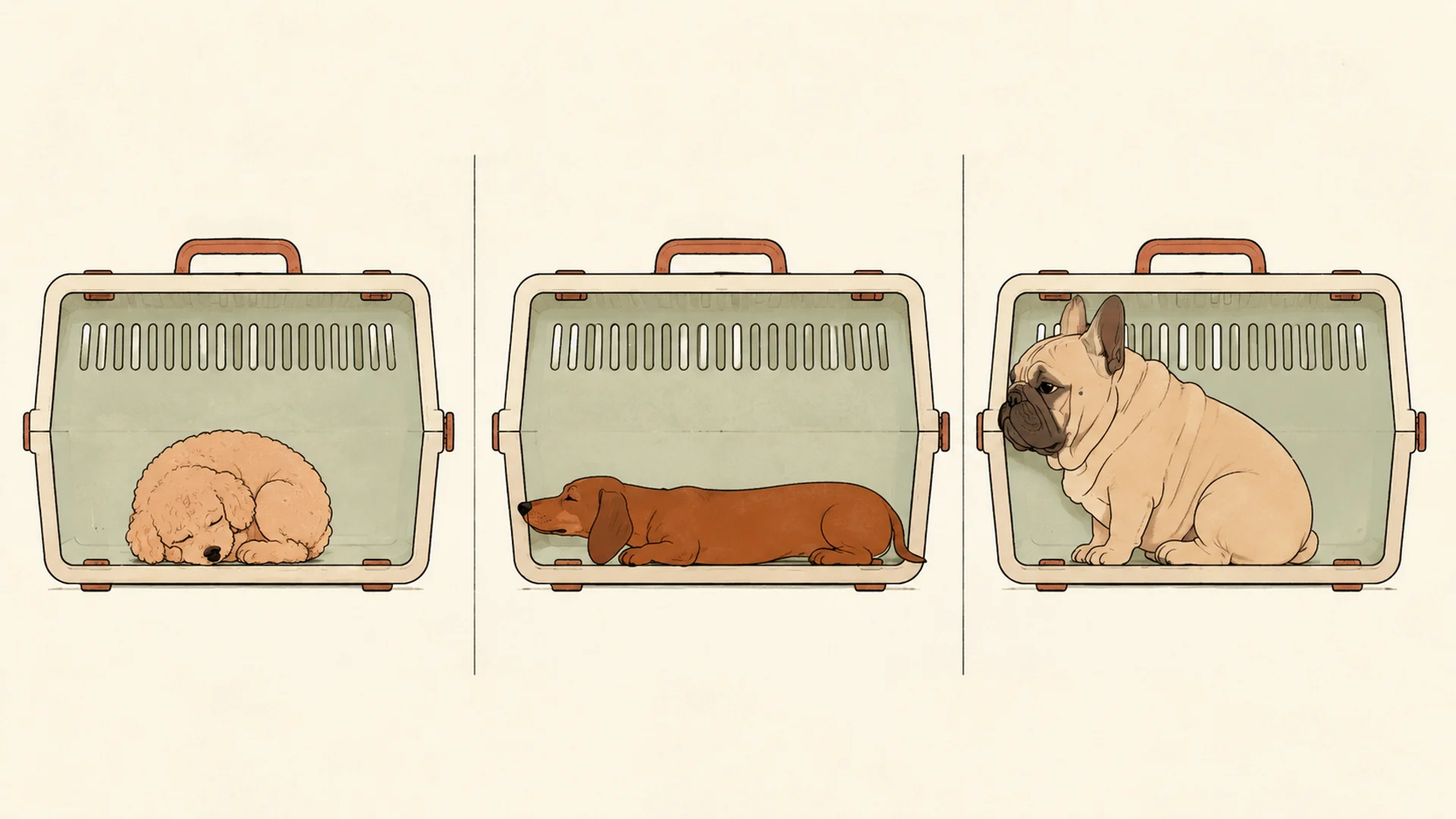 Illustration comparing three small dogs of similar weight inside three identical pet carriers: a compact fluffy dog curled up with room to spare, a long-backed short-legged Dachshund stretched nose-to-tail from wall to wall with no room to turn, and a broad deep-chested flat-faced French Bulldog sitting upright and filling the carrier's full height while leaving length unused.
