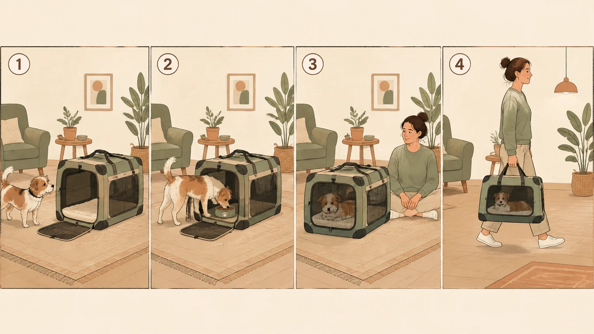 Four-step illustrated sequence for introducing a small dog to a carrier: the open empty carrier sitting on a living room floor with the dog sniffing it, a food bowl placed inside the carrier while the dog eats, the dog resting inside with the door closed and a person sitting nearby, and finally the carrier being lifted and carried a short distance indoors.