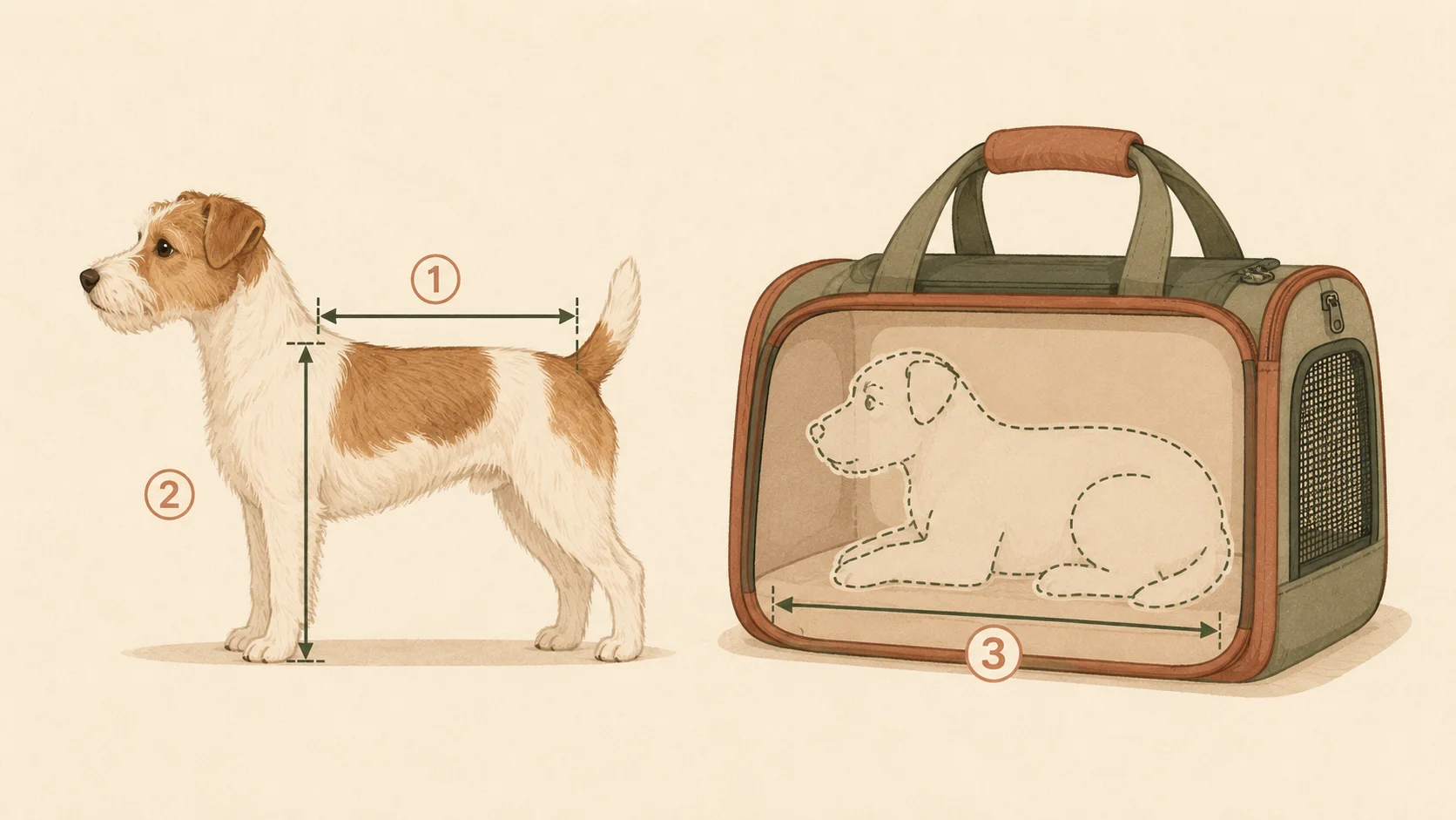 Diagram showing how to measure a small dog for a carrier: a horizontal line along the back from chest to base of tail for body length, a vertical line from floor to shoulder top for height, and a cutaway view of a soft carrier with the dog curled inside showing comfortable interior length.