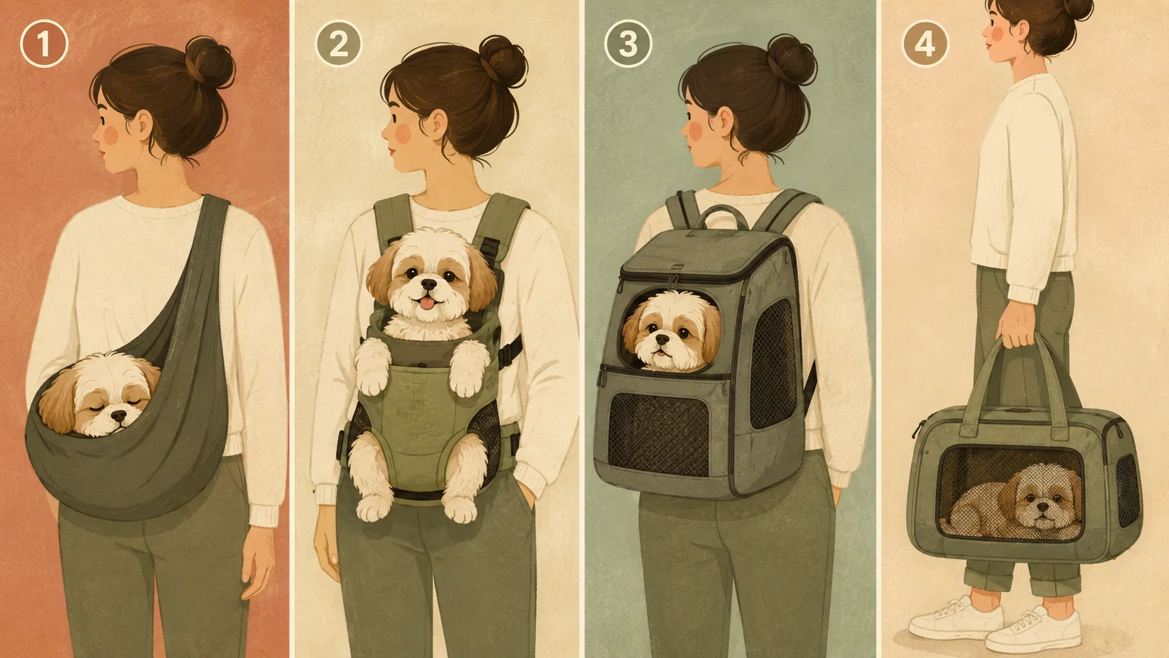 Four-panel illustration of the main ways to carry a small dog: curled in a fabric sling at the hip, upright in a chest vest carrier on the front of the body, looking out of a mesh-sided backpack carrier, and lying inside a soft-sided carrier bag carried by hand.