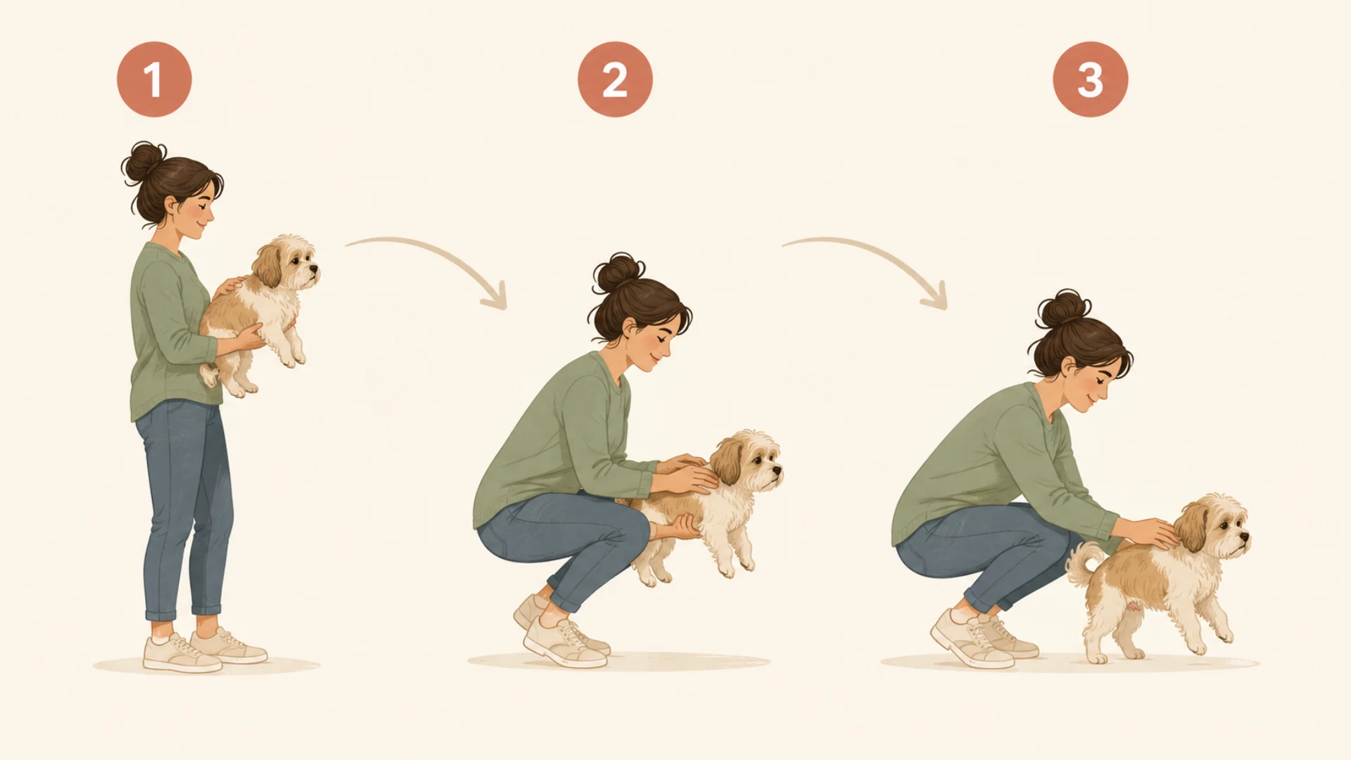 Three-step sequence for setting a small dog down. First the person stands holding the dog against the chest with one hand under the chest and one under the rear. Then they crouch, bringing the dog low to the ground while still supported. Finally the dog stands on the ground with the person's hand still resting on its shoulders. Curved arrows show the downward motion and circled numbers mark each step.