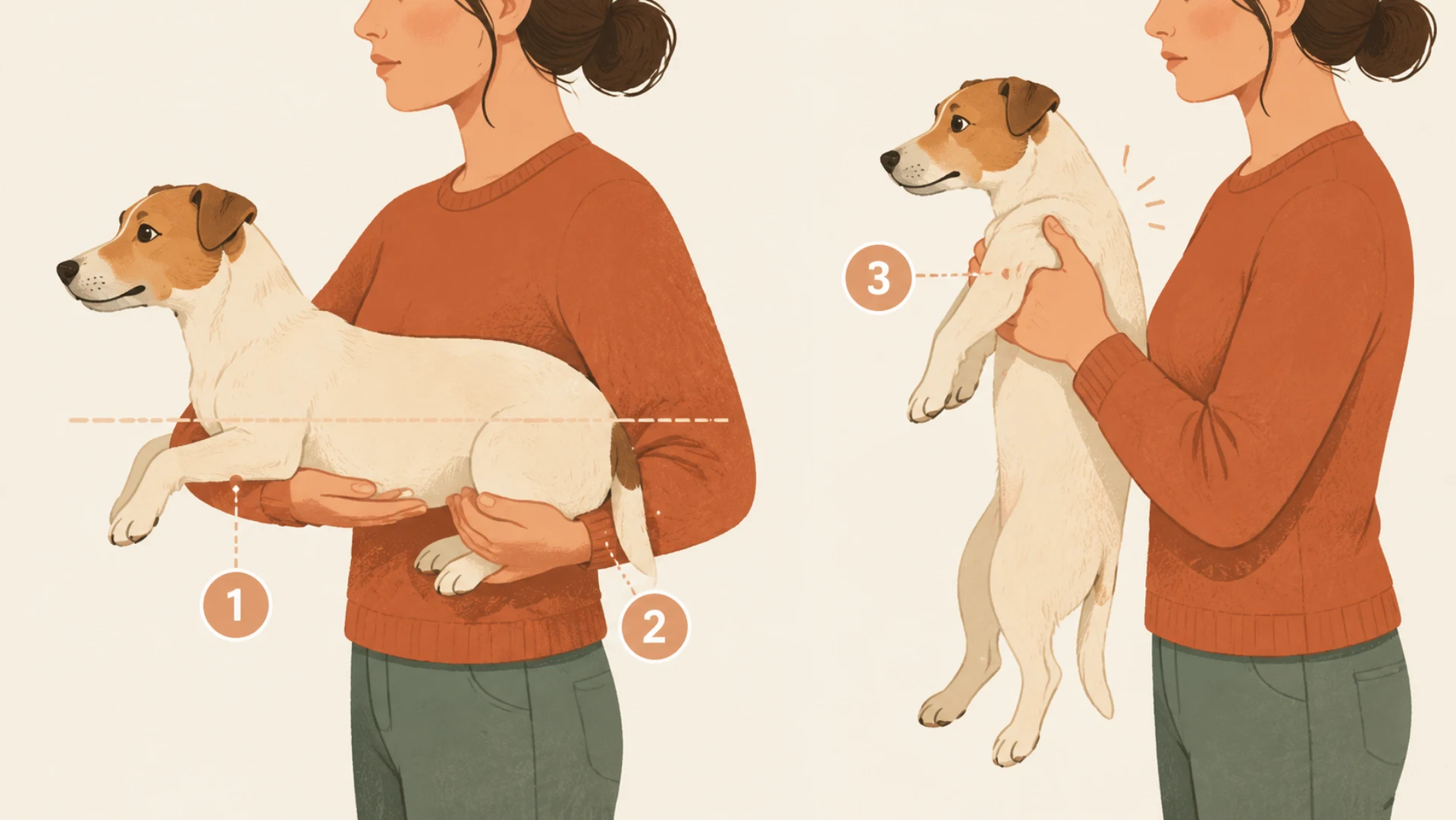 Two-panel diagram of holding a small dog. On the left, the correct hold: one forearm under the chest behind the front legs, the other hand supporting the hindquarters, the spine level along a dashed guideline and the dog tucked against the person's body. On the right, the hold to avoid: the same dog lifted under the front armpits, hanging vertically with hind legs dangling away from the body. Circled numbers mark the chest hand, the rear hand, and the strained shoulder joints.