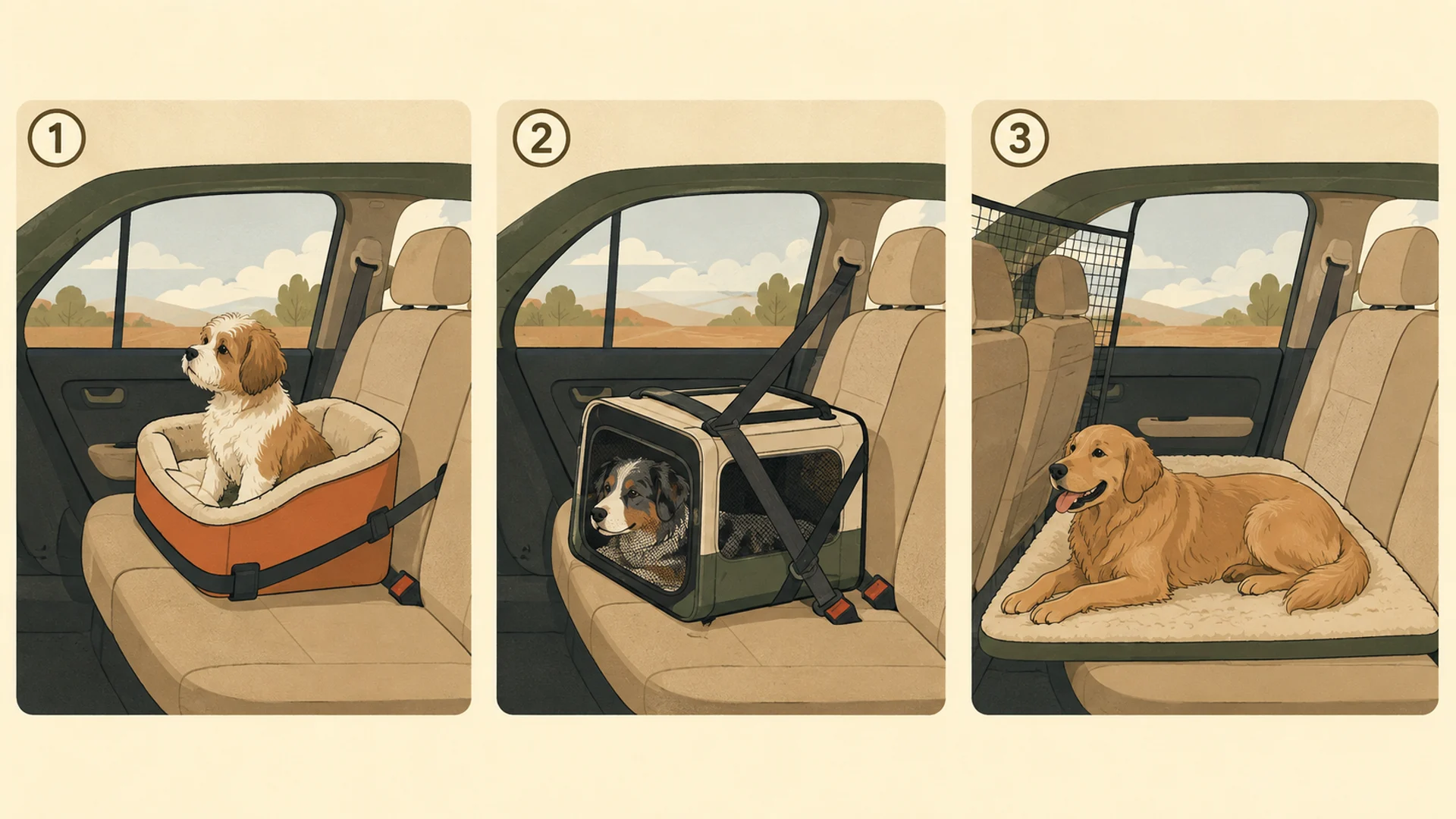 Three-panel diagram of the same car back seat with different dog containment setups: a small dog upright in a strapped-down open-top booster seat, a medium dog in a soft-sided carrier held down by the seatbelt, and a large dog lying on a flat bed across the bench with a mesh divider behind the front seats.