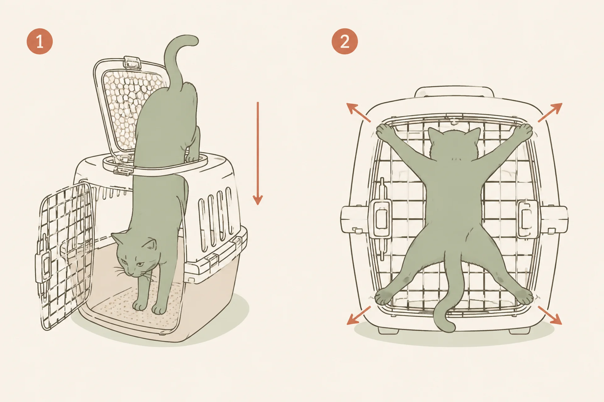 Two-panel diagram comparing carrier loading. Left panel: a cat lowered hind-legs-first through a roof opening, arrow pointing straight down. Right panel: a cat bracing all four legs against the rim of a front gate, arrows showing the outward push.