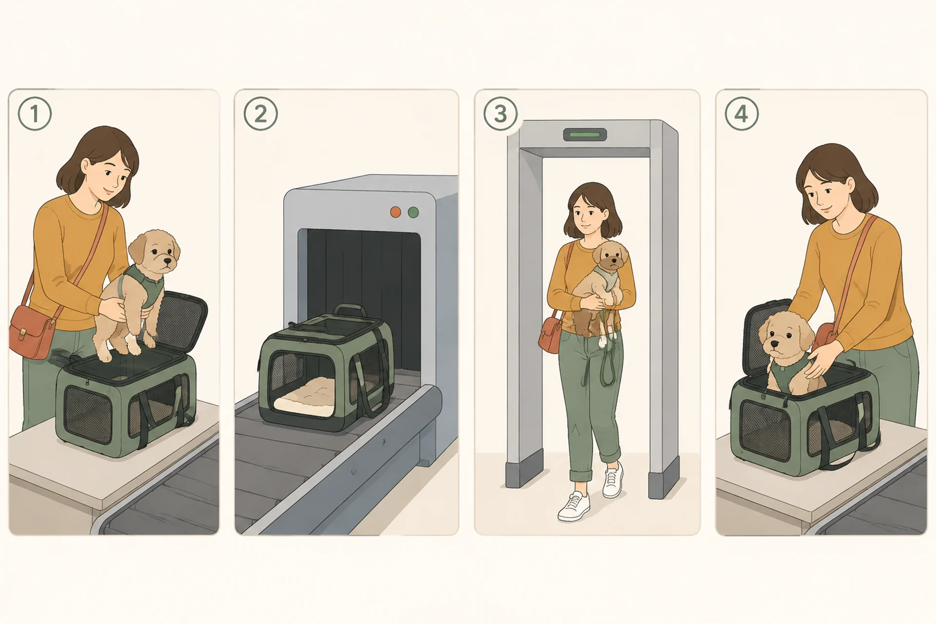 Four-panel diagram of the airport security sequence with a small dog: one, the traveller lifts the dog out of the open carrier; two, the empty carrier rides the X-ray belt alone with its bedding pad inside; three, the traveller walks through the metal detector holding the dog, which wears a harness and clipped leash; four, the dog is lowered back into the carrier through its wide top opening.