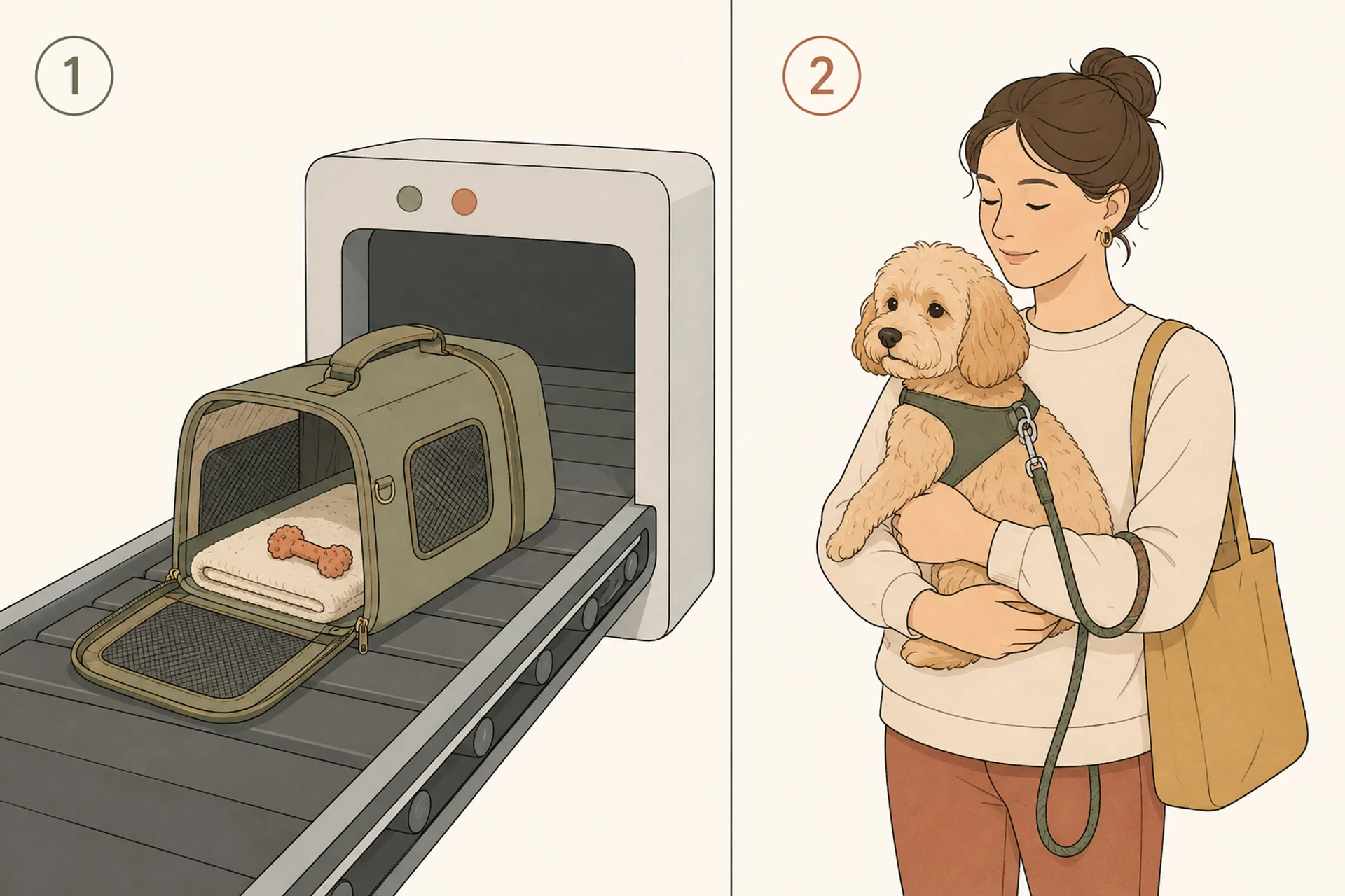 Split diagram: on the left the empty unzipped soft-sided carrier travels the X-ray conveyor into the scanner with its bedding pad and a chew toy still inside; on the right a traveller holds the small dog against their chest, the dog already wearing a harness with the leash clipped on and looped around the wrist.