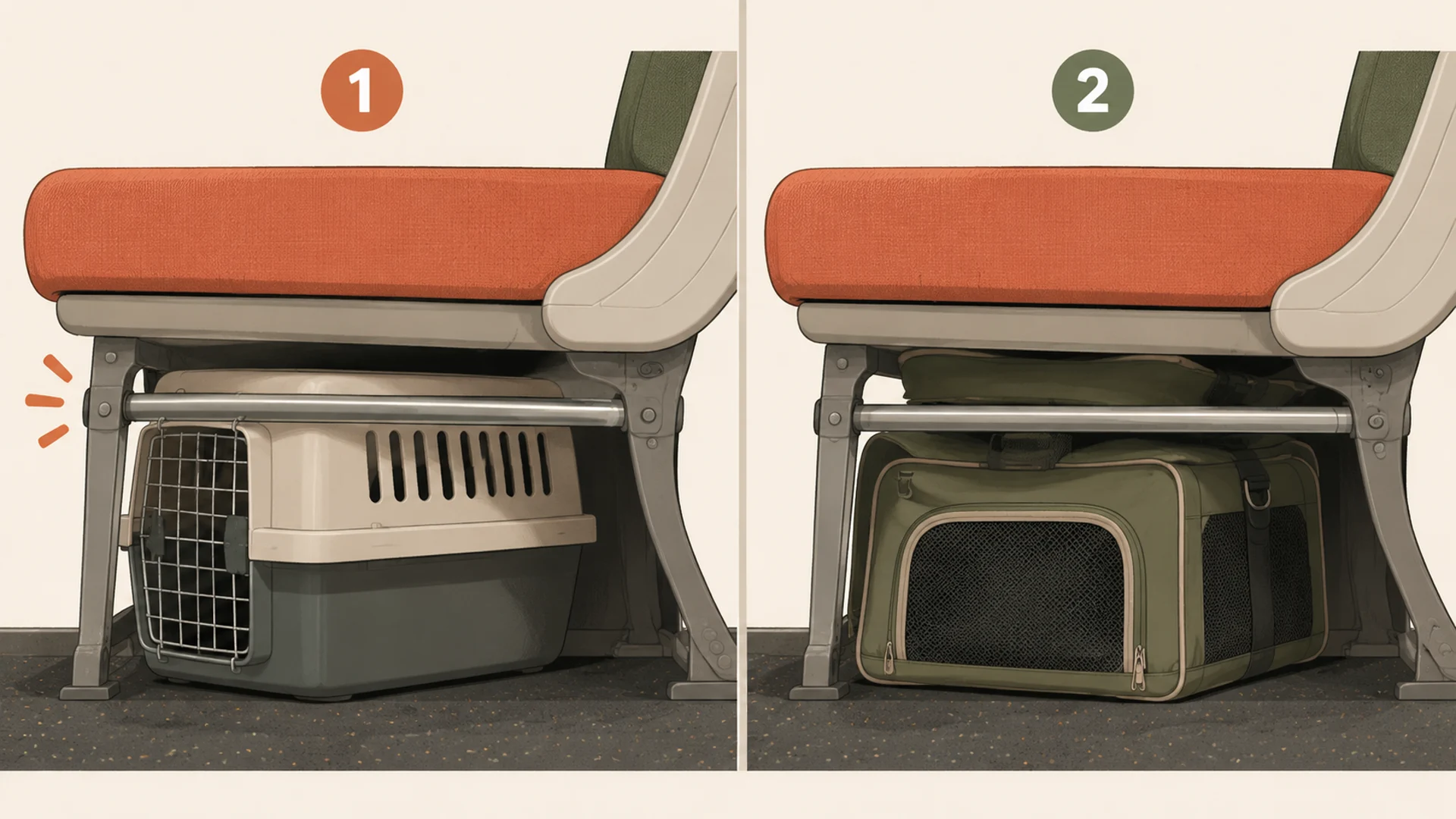 Cutaway side view of the space beneath an aircraft passenger seat, shown twice. In the left panel a rigid hard-shell carrier is stopped short against the metal support bar under the seat and cannot slide in. In the right panel a soft-sided carrier of similar nominal size compresses along its top edge and slides fully into the same space. Circled numbers one and two label the two panels.