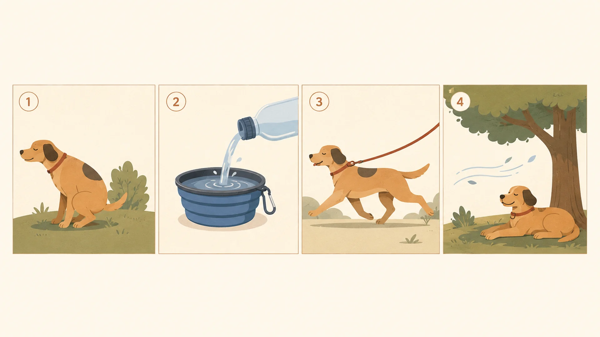 Four-panel illustrated row: a dog relieving itself on grass, water being poured from a bottle into a collapsible travel bowl, a dog walking on a lead mid-stride, and a dog resting in the shade of a tree.