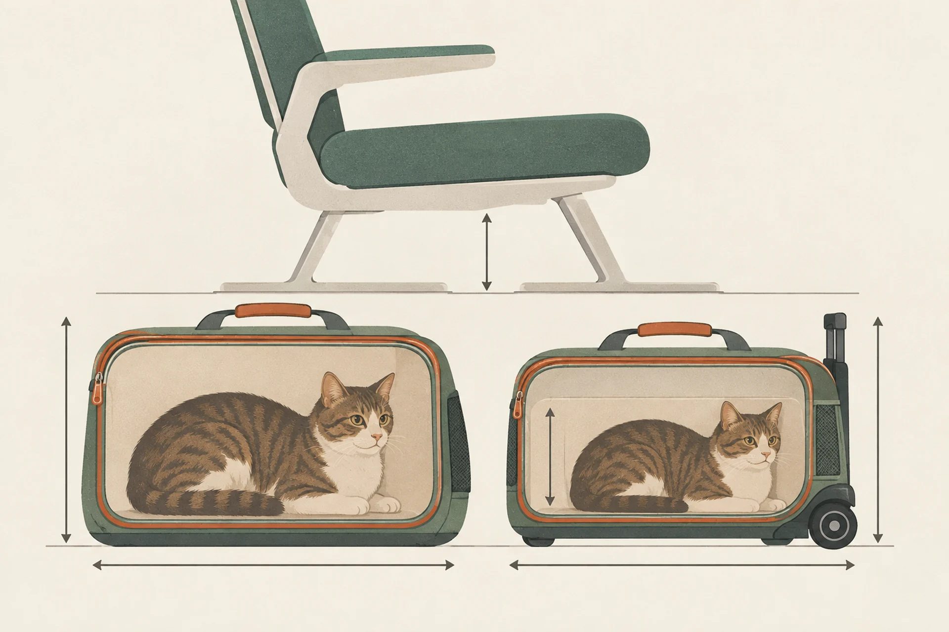 Side-on cutaway comparing two soft pet carriers of identical outer height and length beneath an airplane seat: the wheel-less carrier on the left has an interior cavity filling almost the whole shell with a cat resting comfortably, while the wheeled carrier on the right loses interior depth to its wheel housing and telescoping handle channel, leaving the same cat a visibly tighter space.