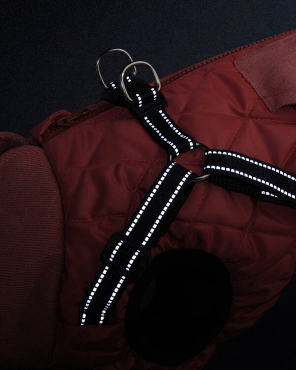 The coat's black webbing in the dark, its two rows of reflective stitching lit up beside two nickel rings.