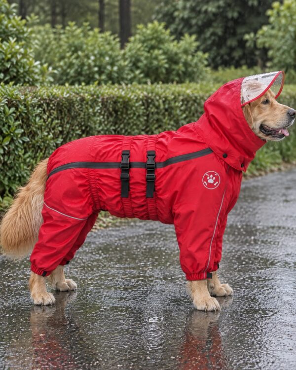 Golden retriever in the red rain suit on a wet park path in the rain, hood up, clear brim above her eyes.